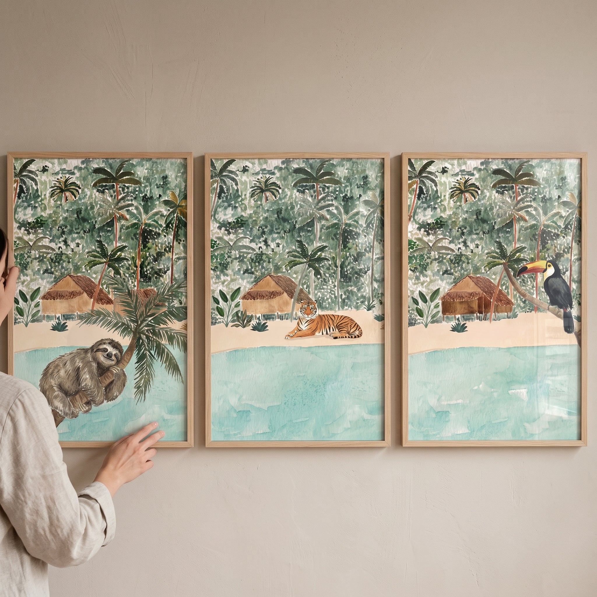Coastal Beach Jungle Animals Wall Art Set of 3 - Wild Jungle Life