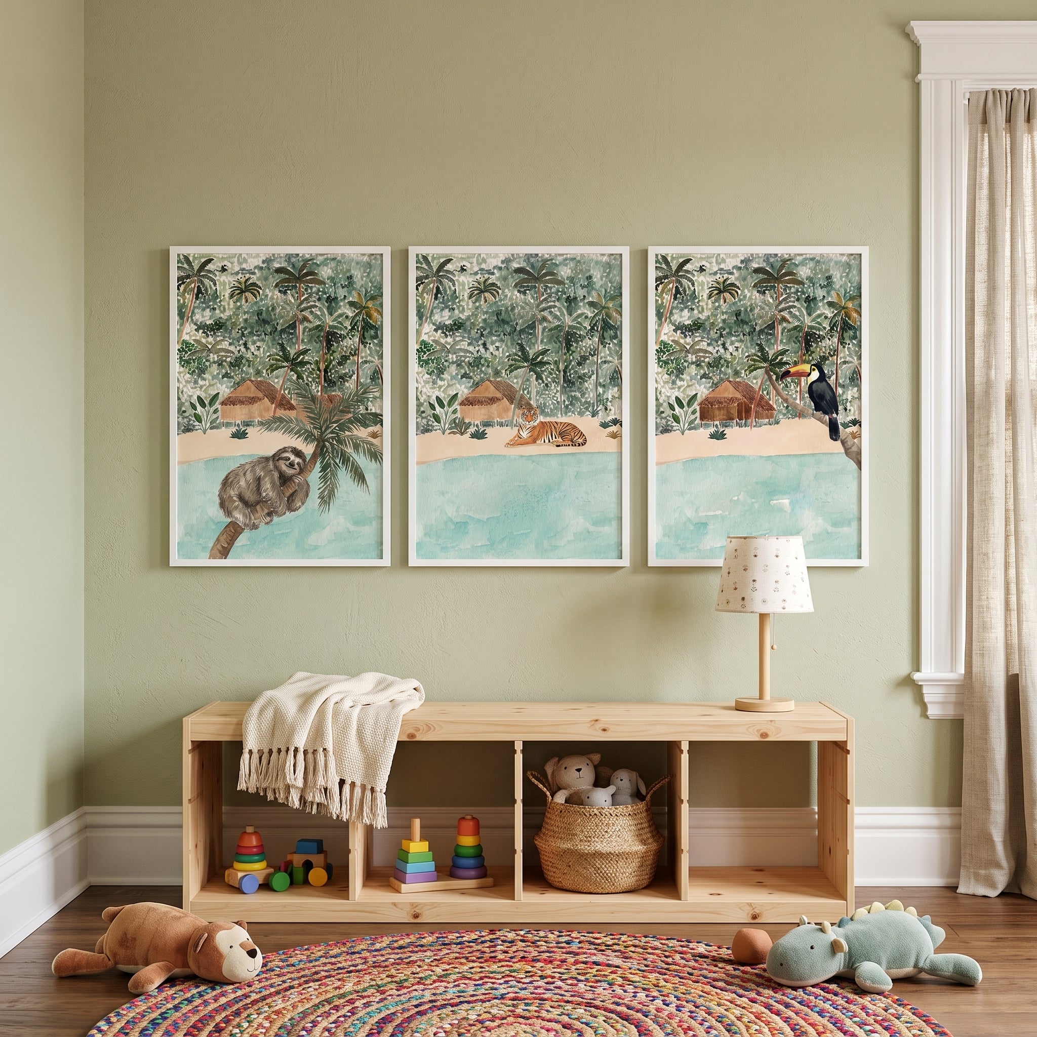 Coastal Beach Jungle Animals Wall Art Set of 3 - Wild Jungle Life