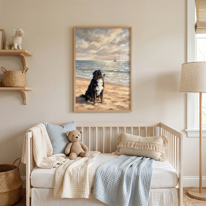 Coastal bernese mountain dog wall art hangs above a wooden crib with a teddy bear and soft blankets in a neutral nursery.