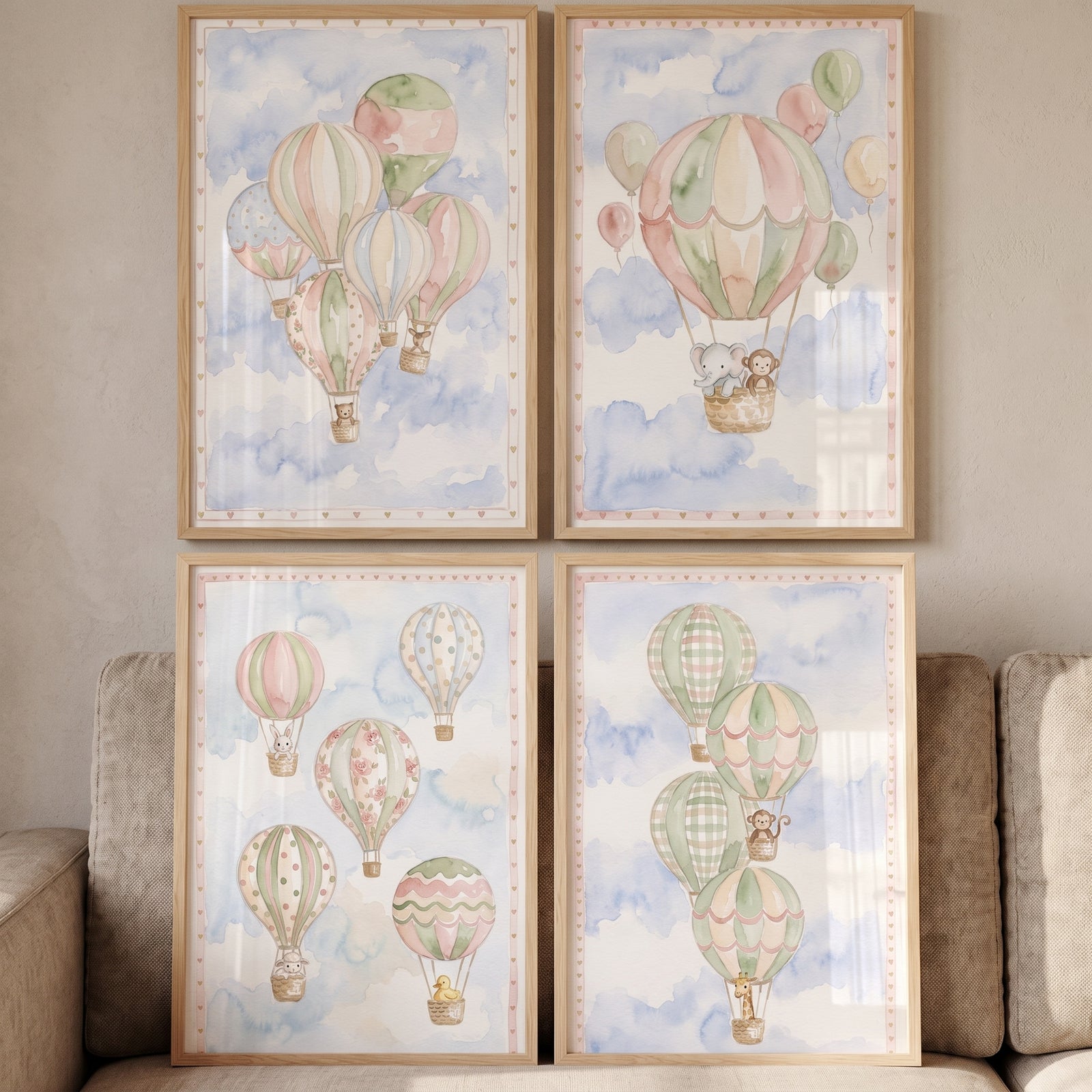 Coastal blue animal balloon wall art set of 4 with pastel hot air balloons and cute animals in a soft cloudy sky.
