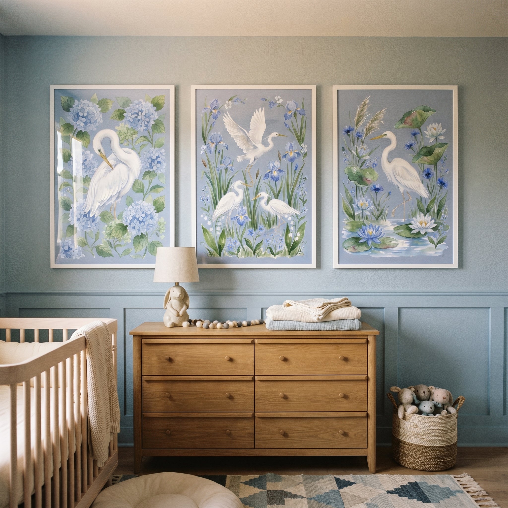 Coastal Blue White Egret Bird Wall Art Set of 3 - Heron Garden Serenity