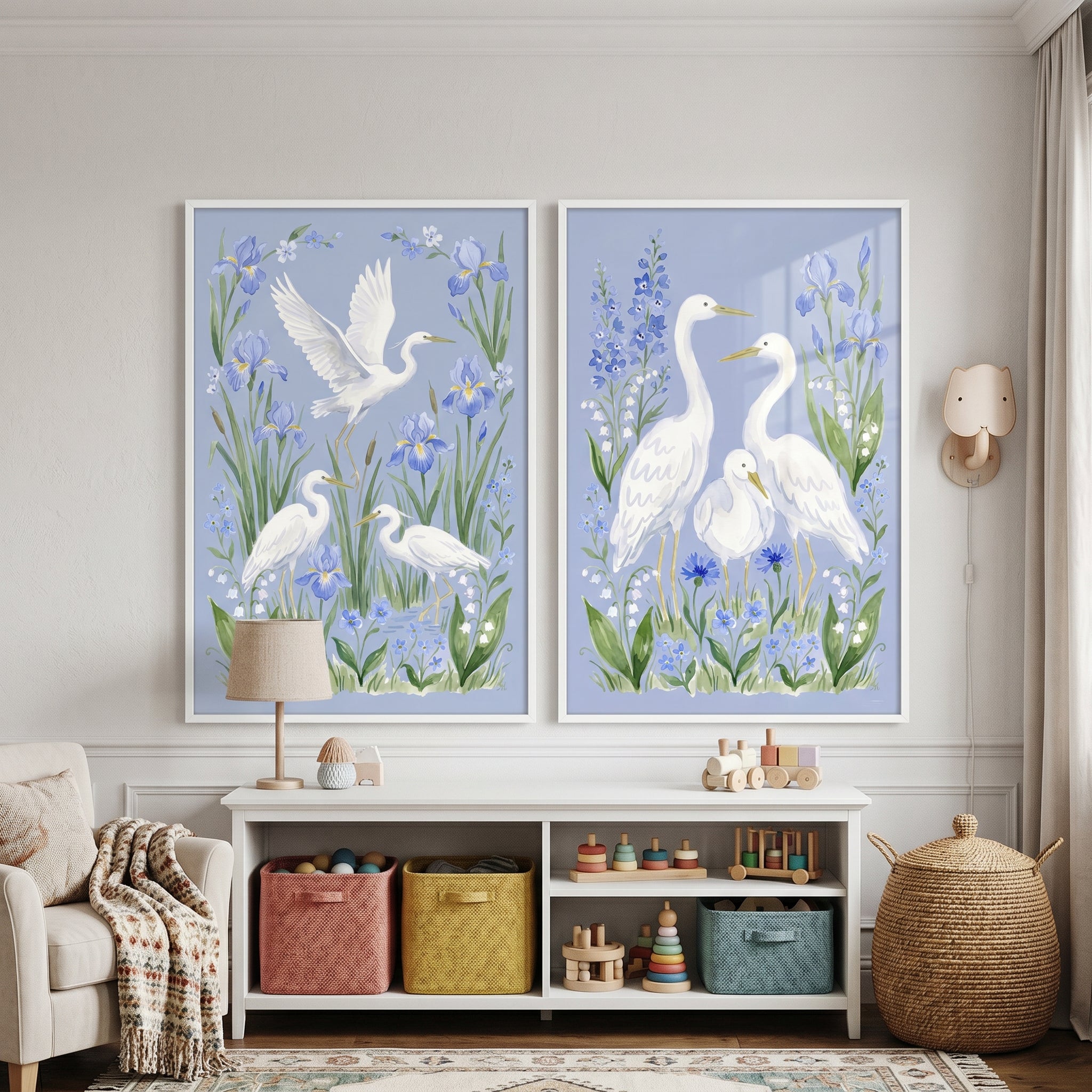 Coastal Blue White Heron Bird Print Set of 2 - Blue Floral Herons