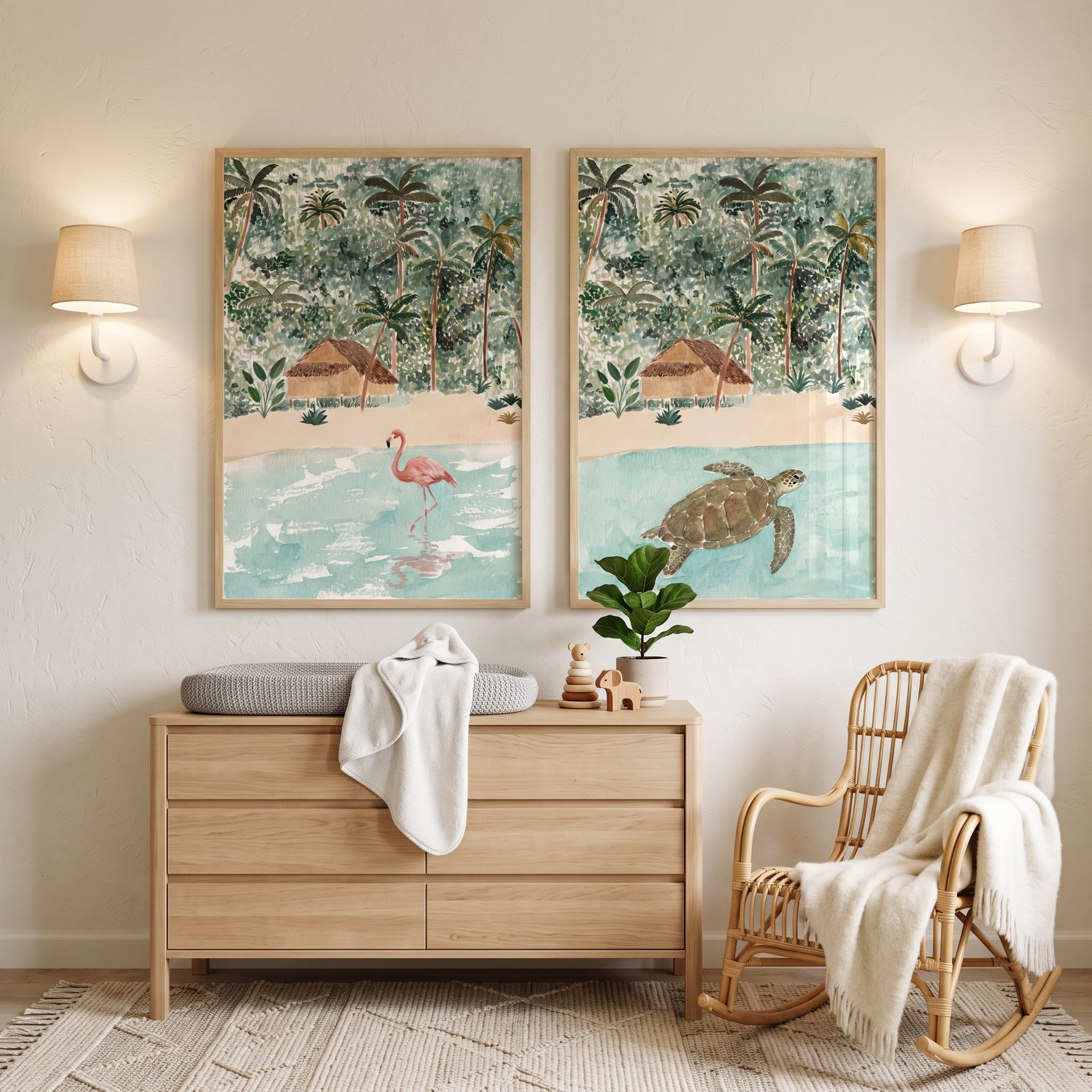 Coastal Botanical Island Landscape Animals Wall Art Set of 2 - Tropical Oasis Duo