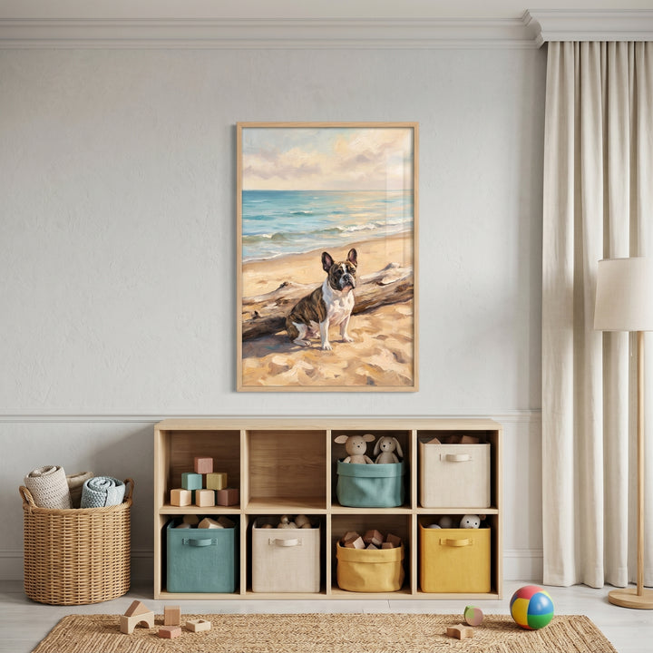 Coastal brindle french bulldog wall art hangs above a toy storage shelf with colorful bins and a woven basket.