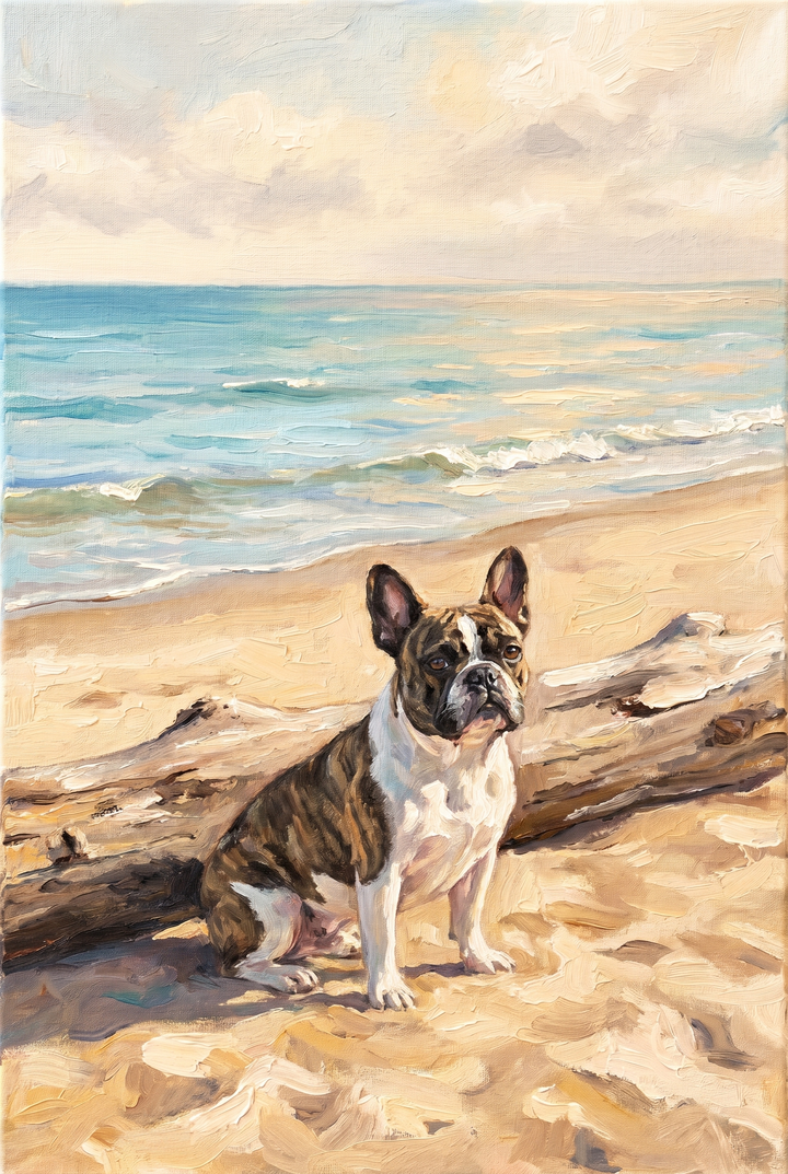 Coastal brindle french bulldog wall art depicts a dog sitting on a sandy beach by driftwood with the ocean in the distance.