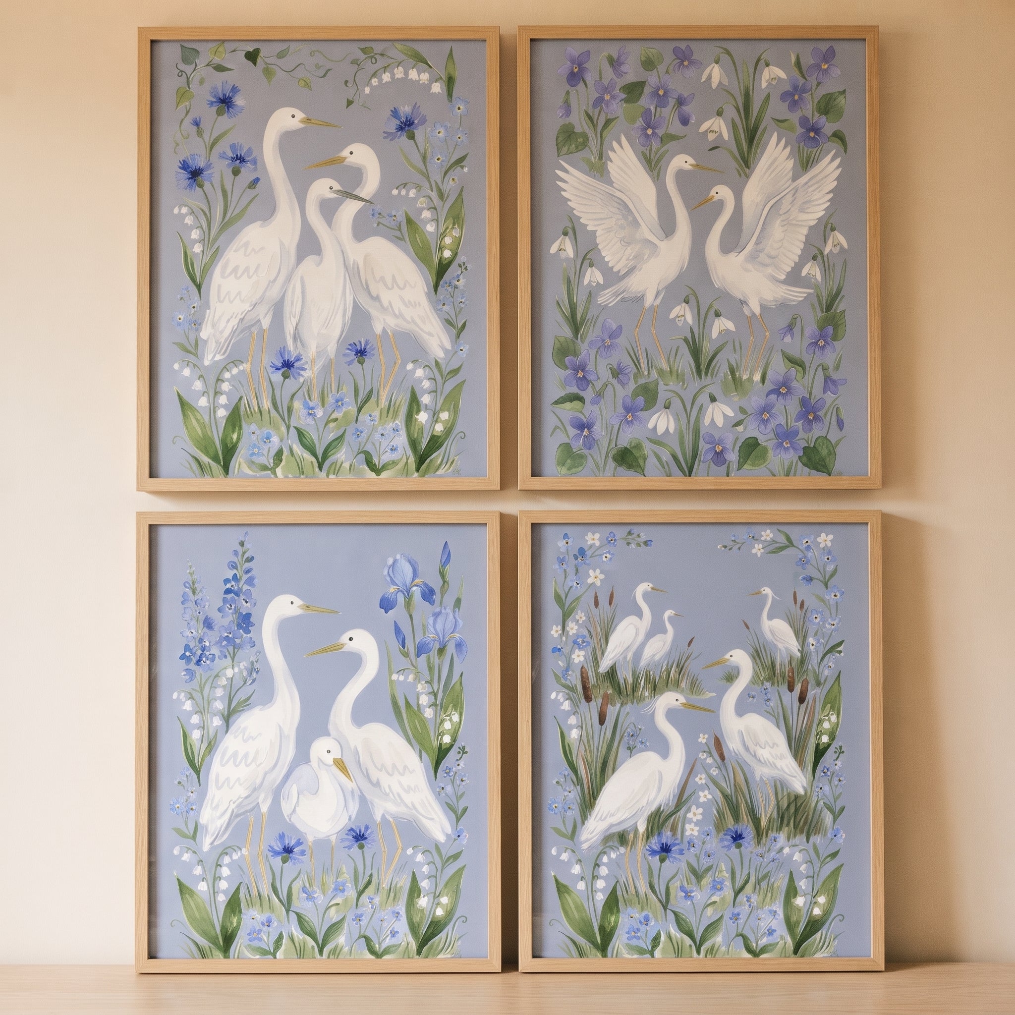 Coastal Chinoiserie White Heron Bird Wall Art Set of 4 - Serene White Cranes