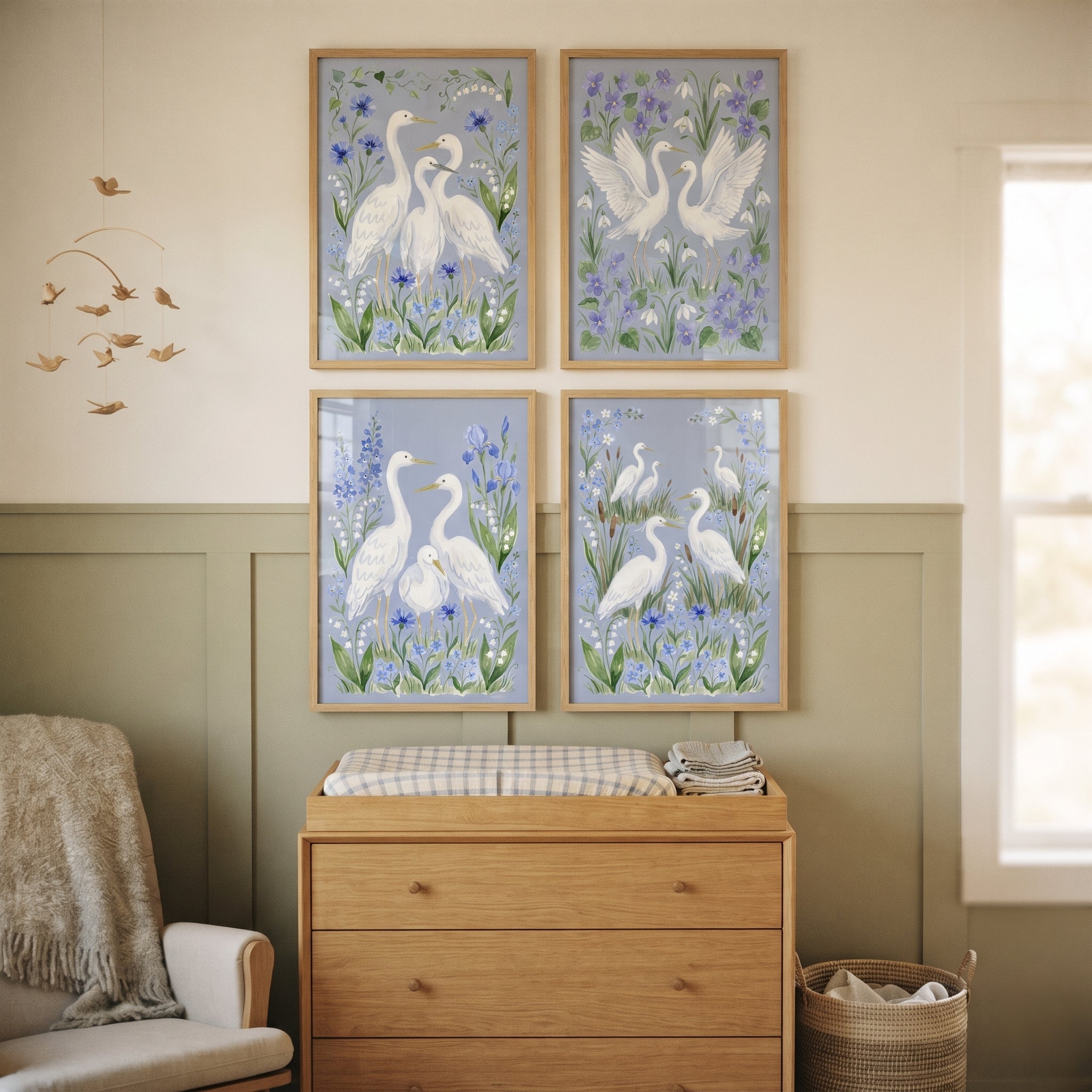 Coastal Chinoiserie White Heron Bird Wall Art Set of 4 - Serene White Cranes
