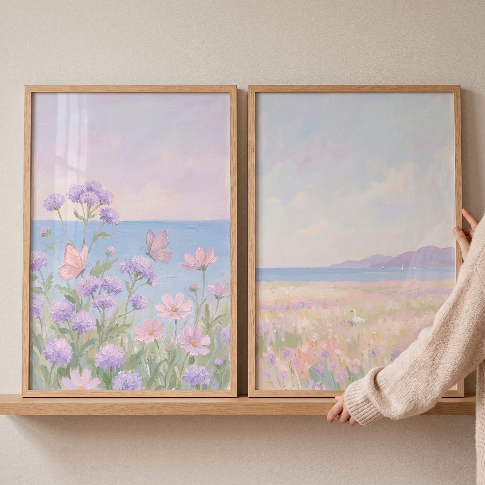 Coastal Cottagecore Lilac Wildflowers Wall Art Set of 2 - Lavender Coastal Bloom