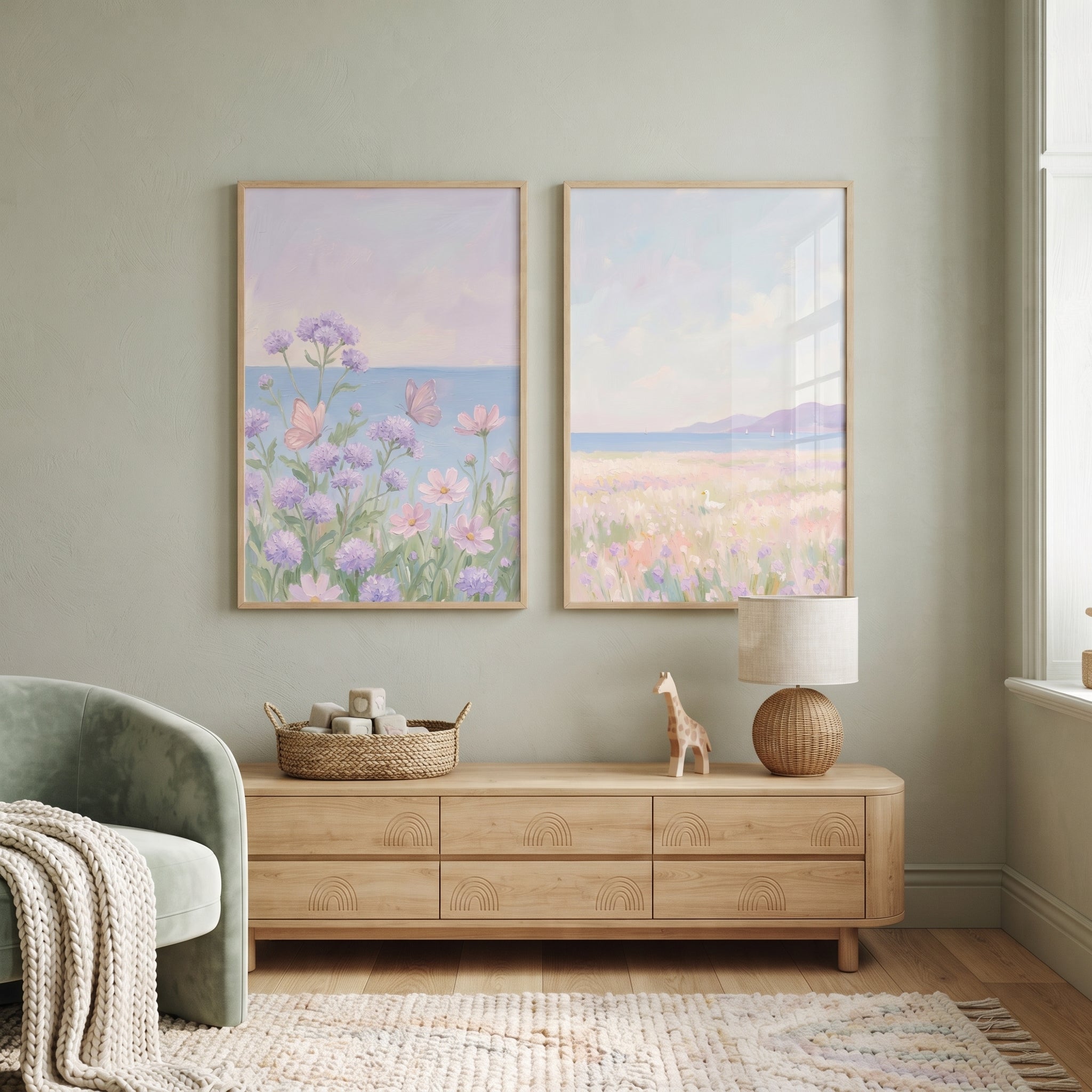 Coastal Cottagecore Lilac Wildflowers Wall Art Set of 2 - Lavender Coastal Bloom