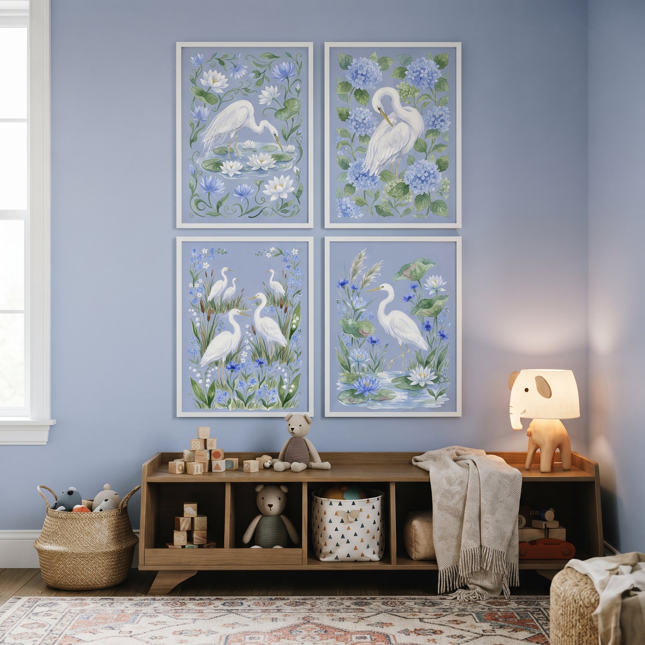 Coastal Floral White Heron Bird Wall Art Set of 4 - Serene Egret Garden