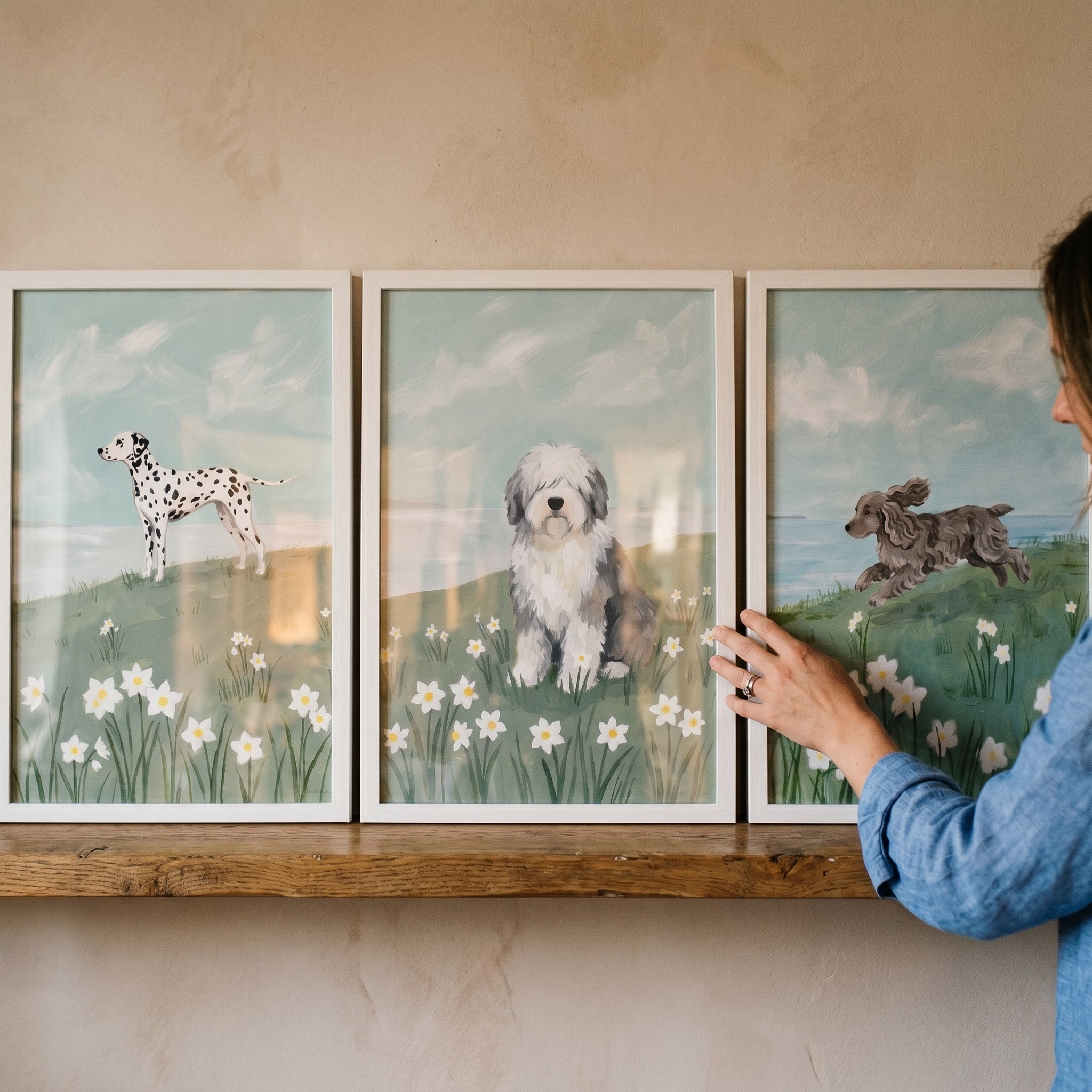 Coastal Flower Field Dog Wall Art Set of 3 - Coastal Dog Trio