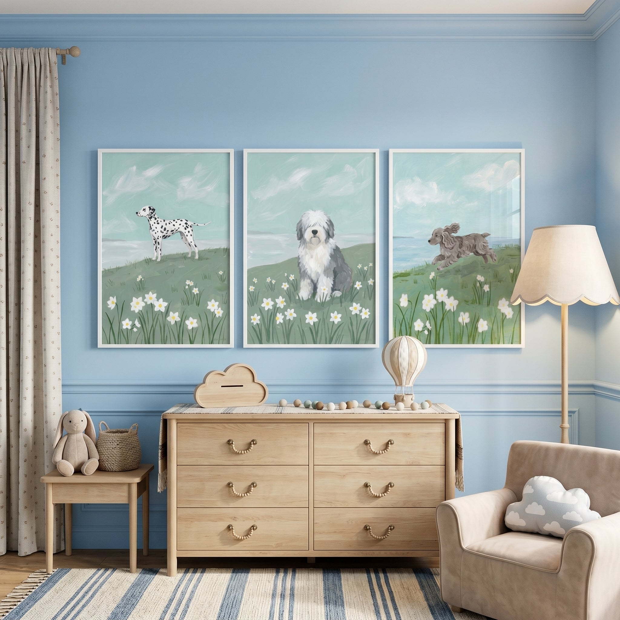 Coastal Flower Field Dog Wall Art Set of 3 - Coastal Dog Trio
