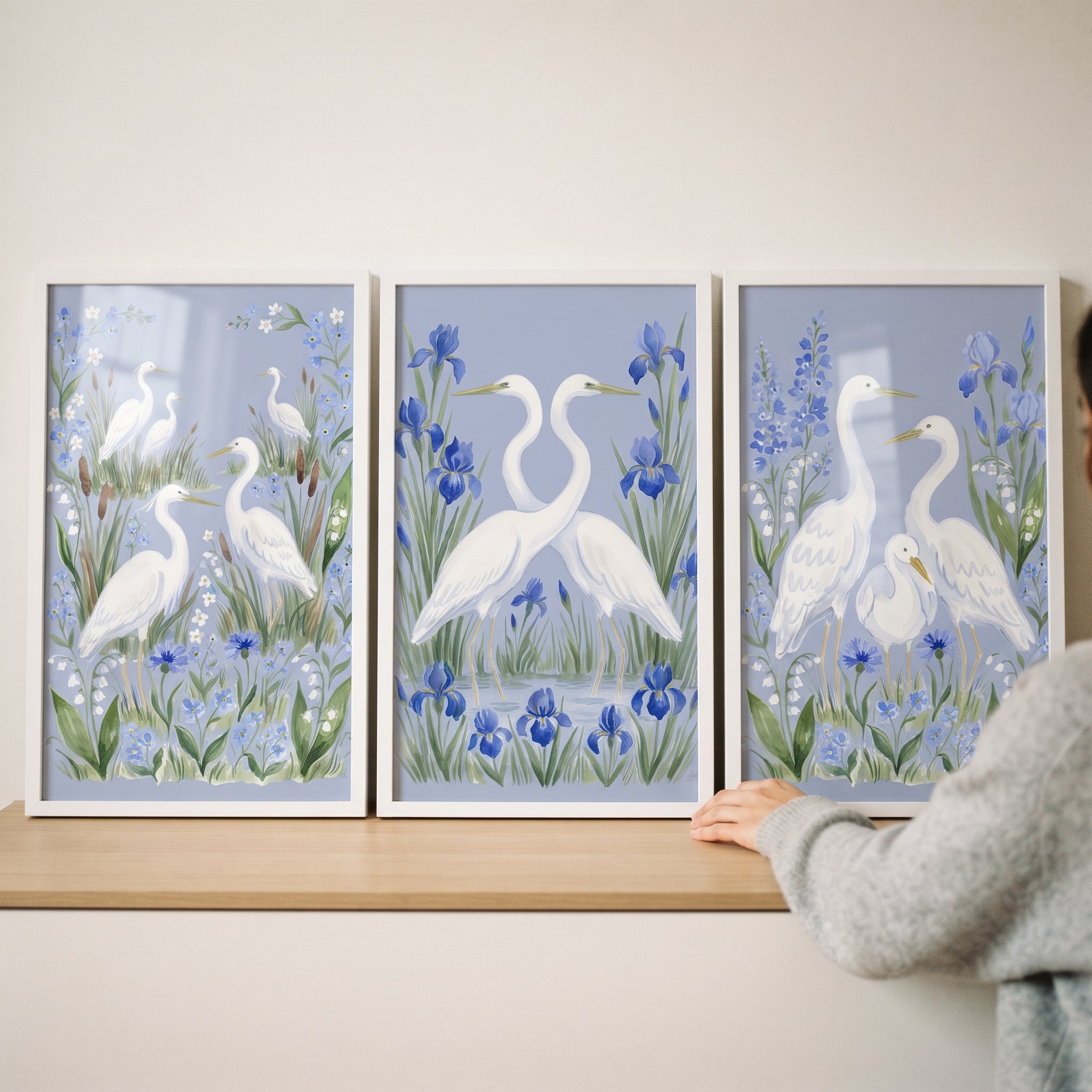 Coastal Garden White Egret Bird Wall Art Set of 3 - Serene Heron Bloom