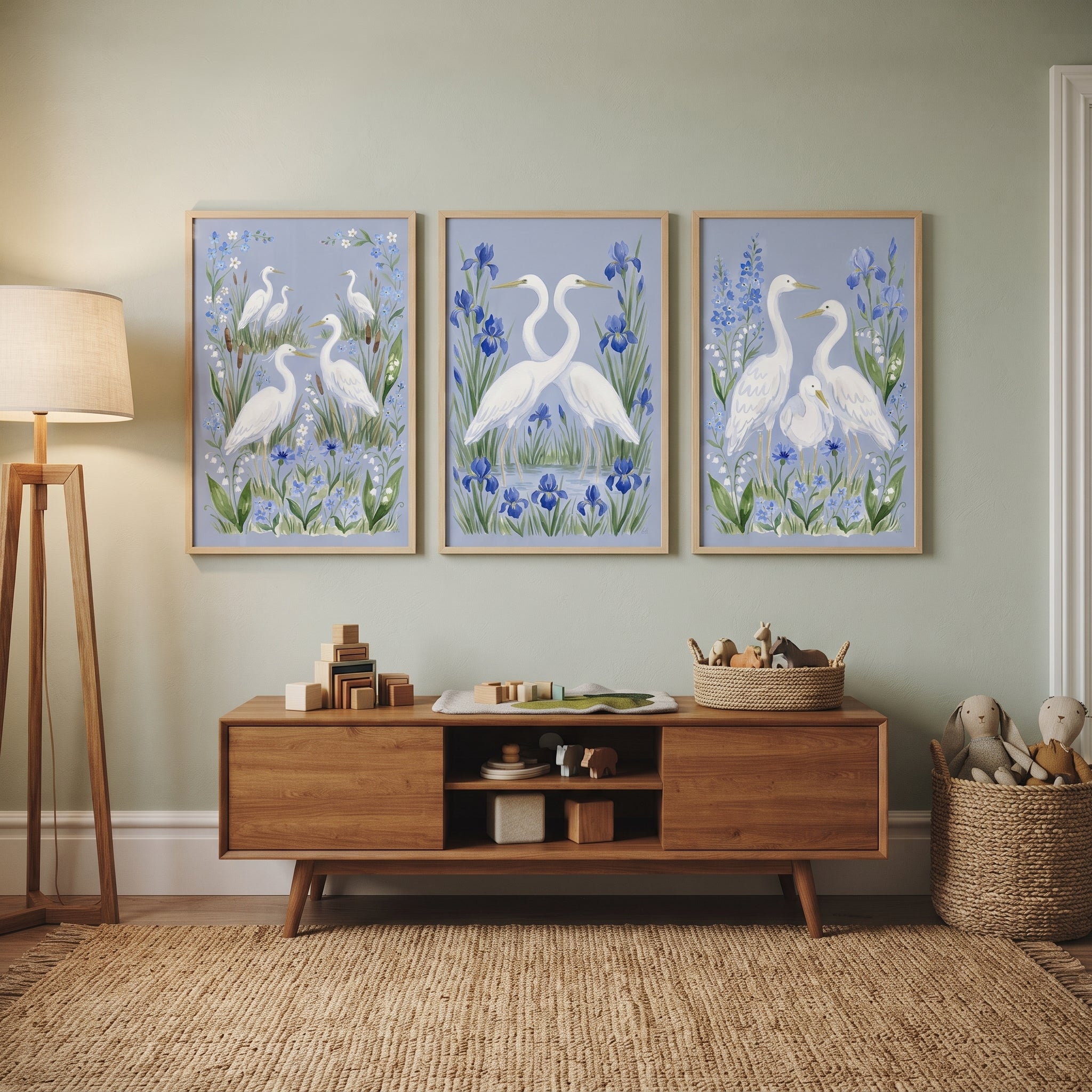 Coastal Garden White Egret Bird Wall Art Set of 3 - Serene Heron Bloom
