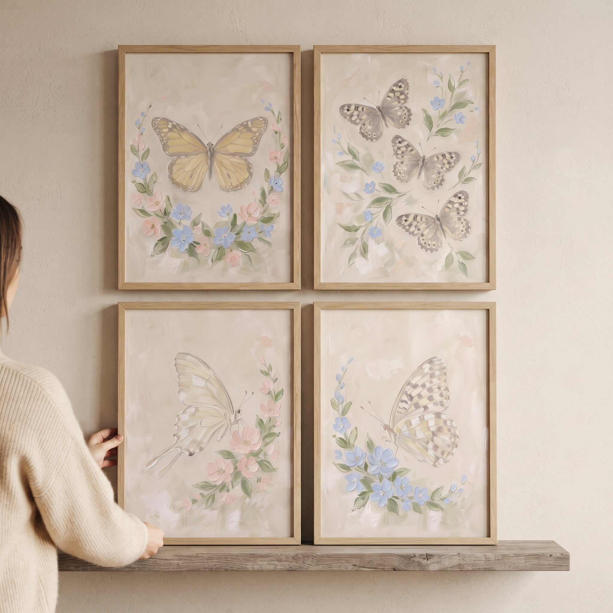 Coastal Grandmother Floral Butterfly Wall Art Set of 4 - Pastel Winged Wonders