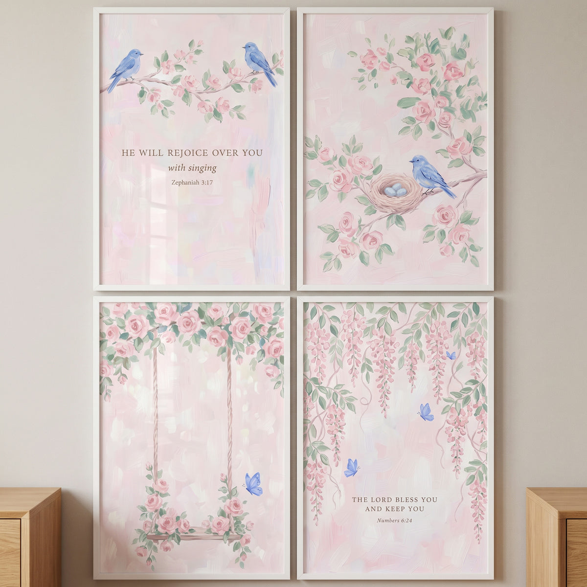 Coastal grandmother pink garden wall art set of 4 with roses, wisteria, blue birds, butterflies, and scripture verses.