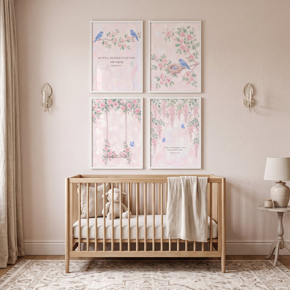 Coastal Grandmother Pink Garden Wall Art Set of 4 - Pastel Scripture Blooms