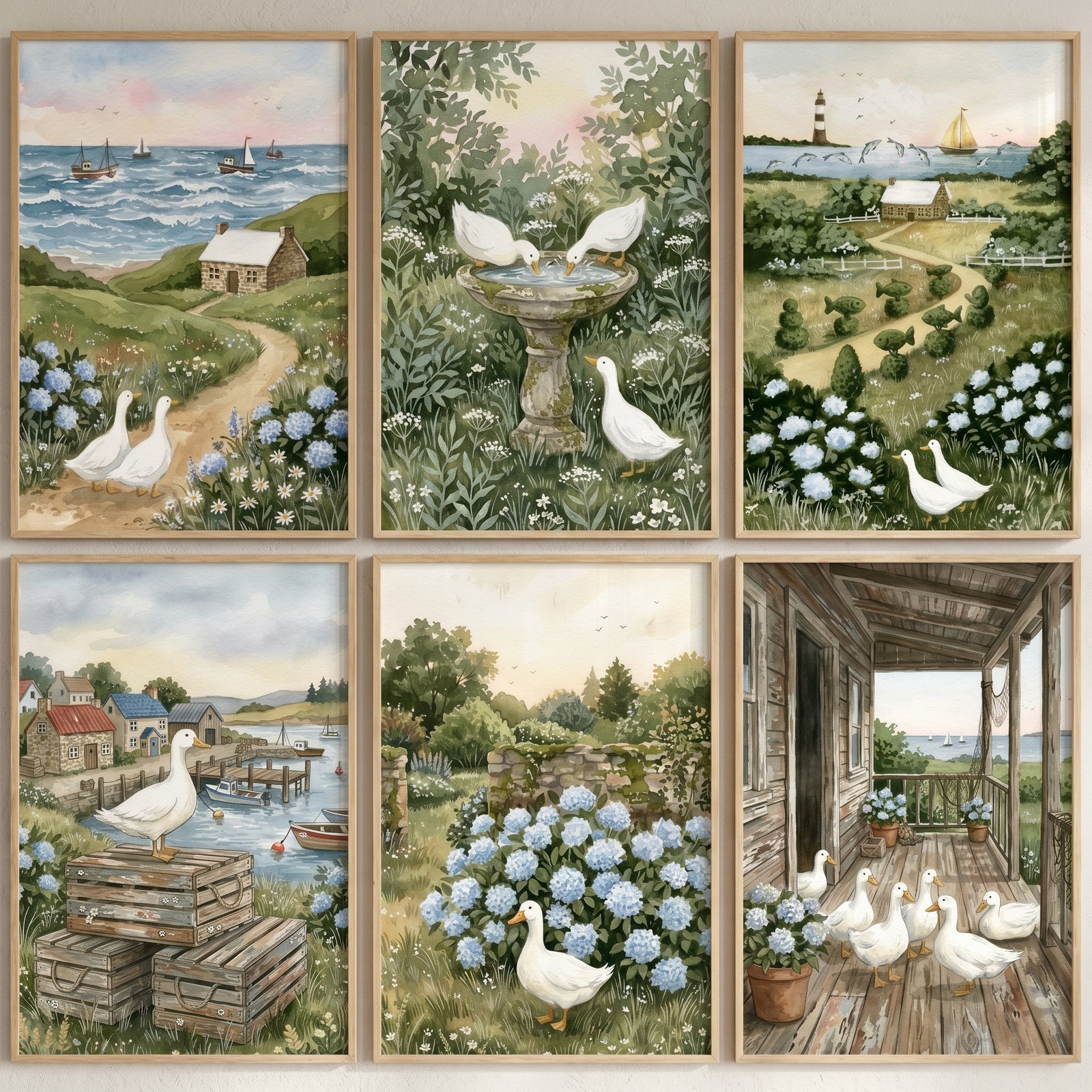 Coastal grandmother white duck wall art set of 6 featuring ducks in gardens, harbors, and peaceful seaside settings.