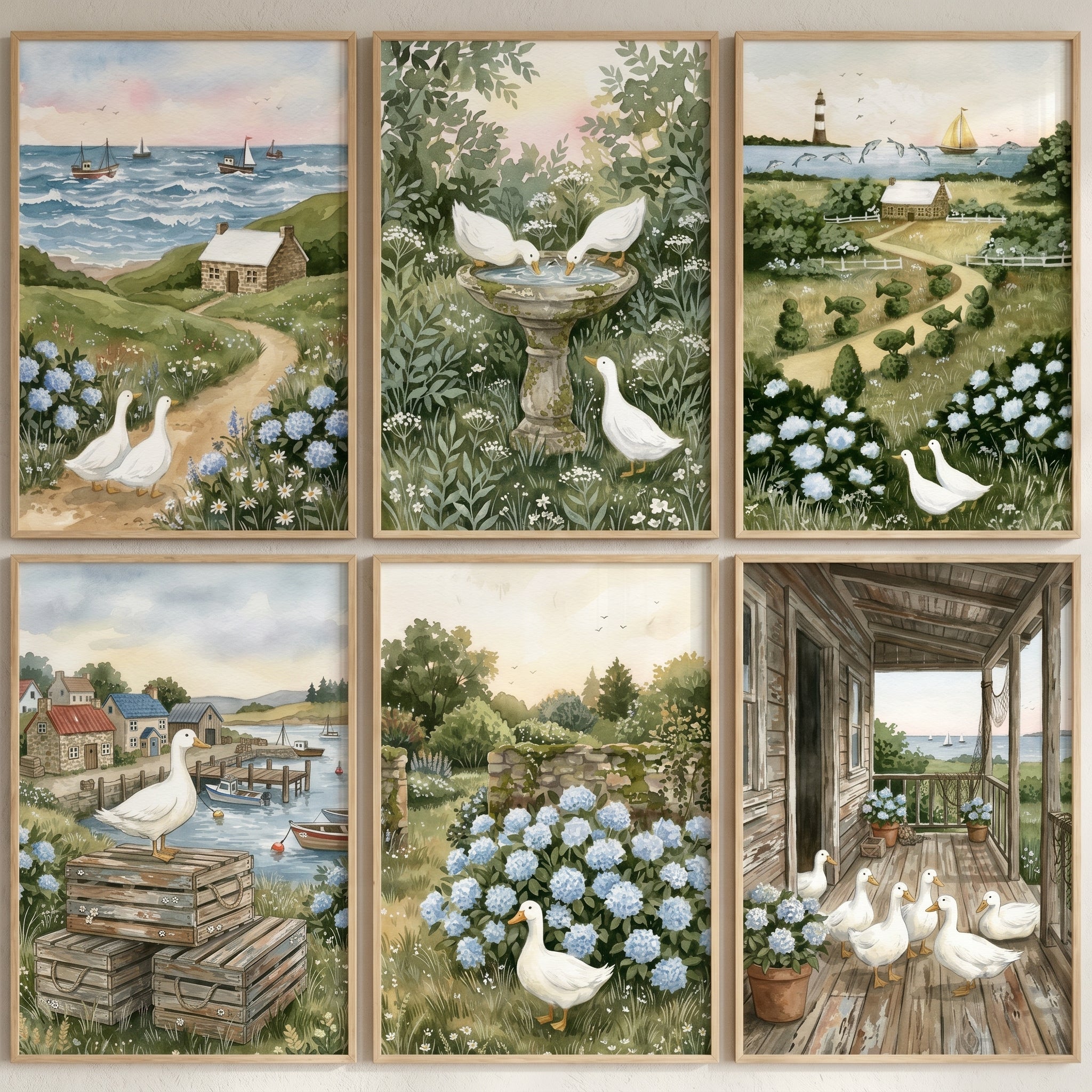 Coastal Grandmother White Duck Wall Art Set of 6 - Seaside Duck Life