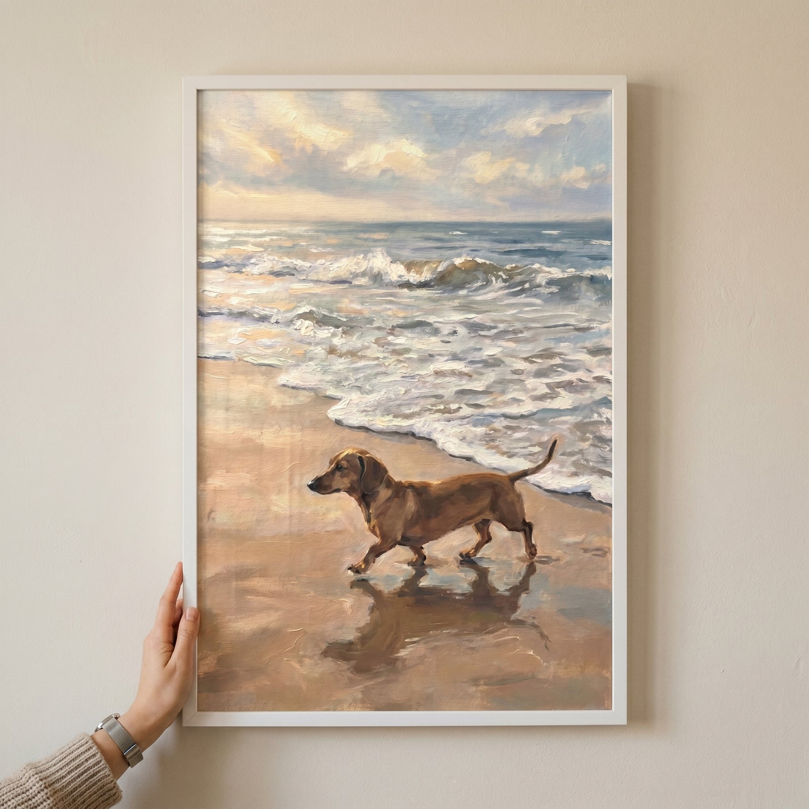 Coastal horizon brown dachshund dog wall art shows a dog walking on a beach with gentle waves and a soft sunset sky.