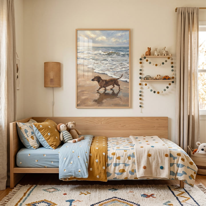 Coastal horizon brown dachshund dog wall art hangs above a wooden daybed with patterned bedding and a bohemian rug.