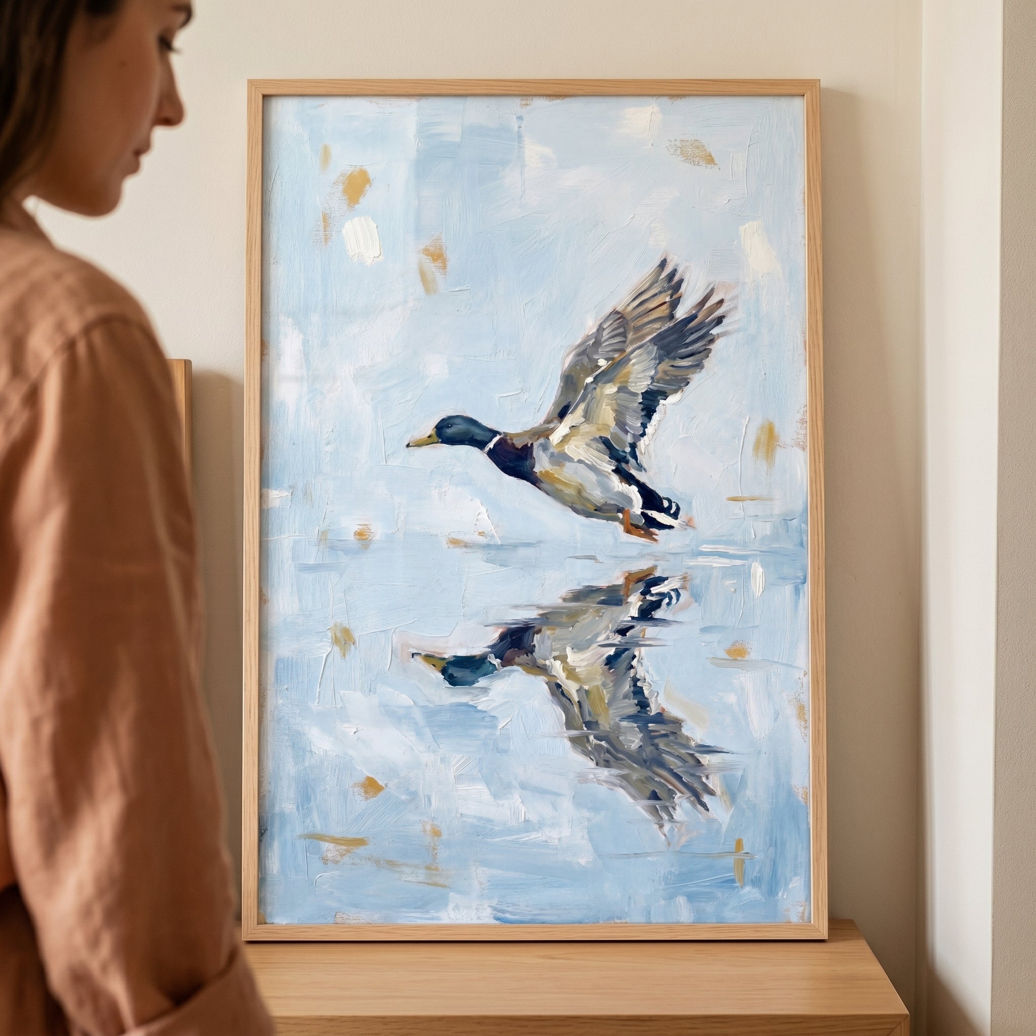 Coastal Lakehouse Style Mallard Duck Artwork - Reflection In Flight
