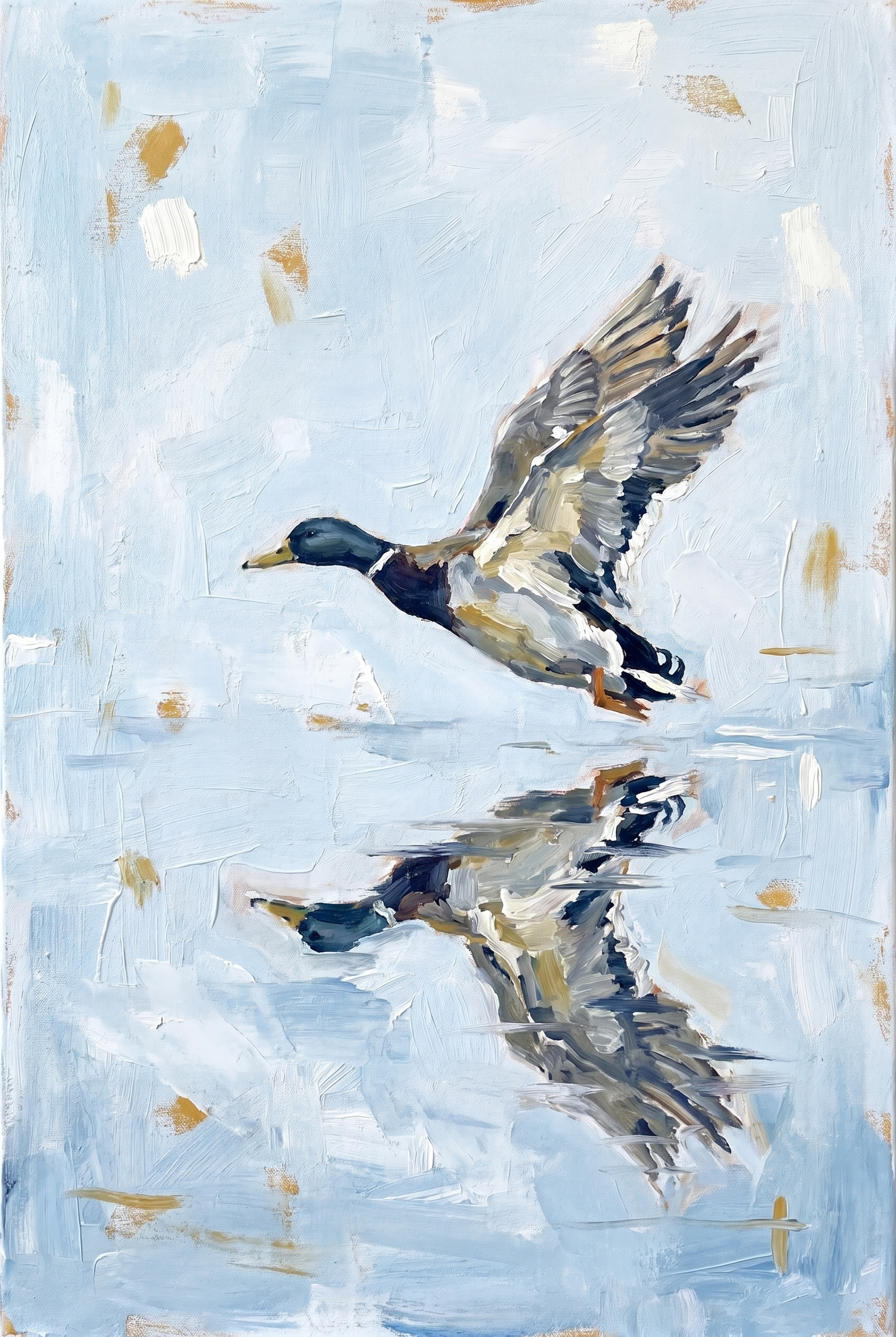 Coastal Lakehouse Style Mallard Duck Artwork - Reflection In Flight