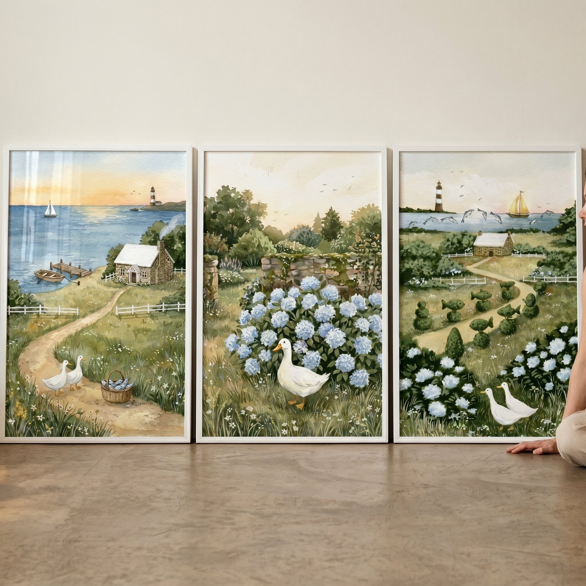 Coastal Landscape White Duck Wall Art Set of 3 - Coastal Cottage Dreams