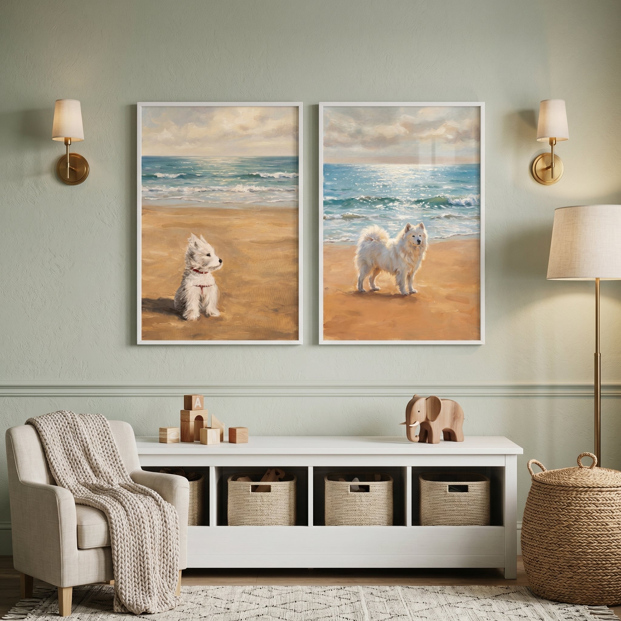 Coastal Maritime White Dogs Wall Art Set of 2 - Coastal White Canines
