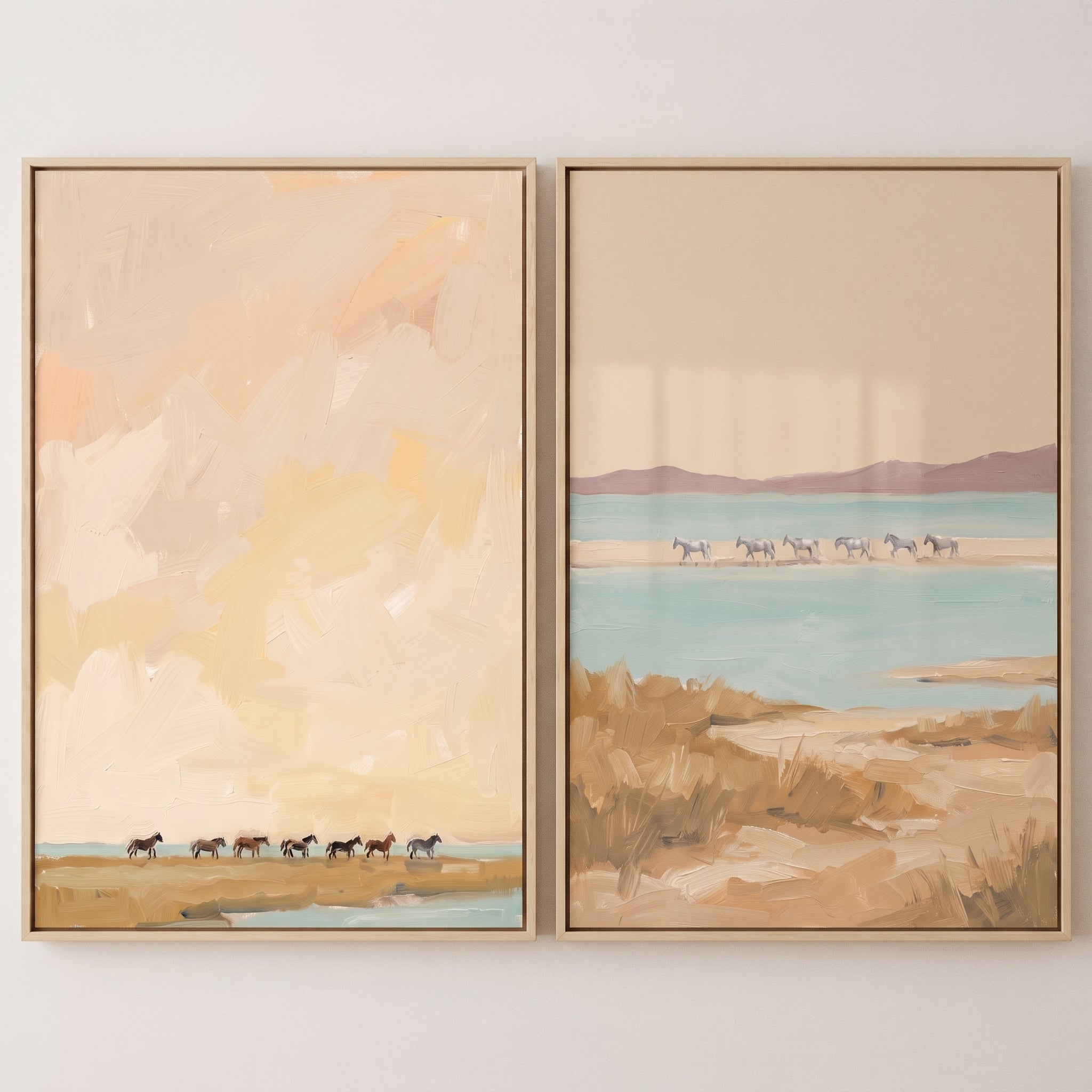 Coastal Marshland Wild Horses Wall Art Set of 2 - Serene Shoreline Path