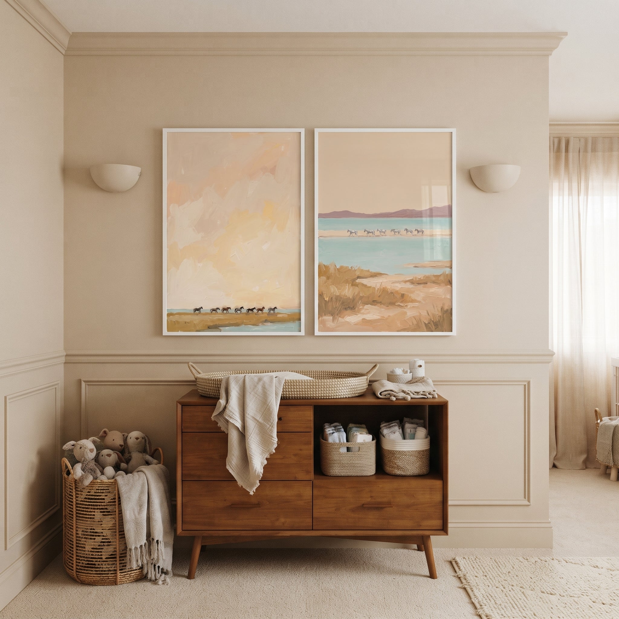 Coastal Marshland Wild Horses Wall Art Set of 2 - Serene Shoreline Path