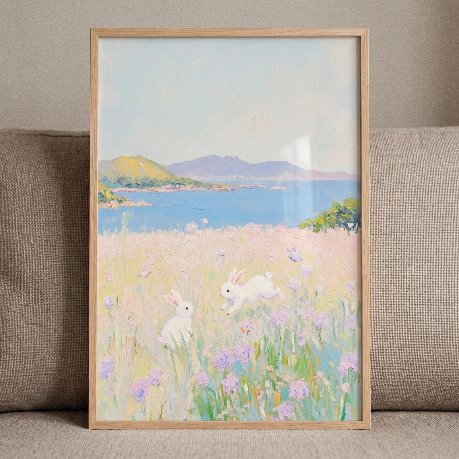 Coastal meadow white bunny wall art features two rabbits in a flowered field near a blue sea and distant hills.