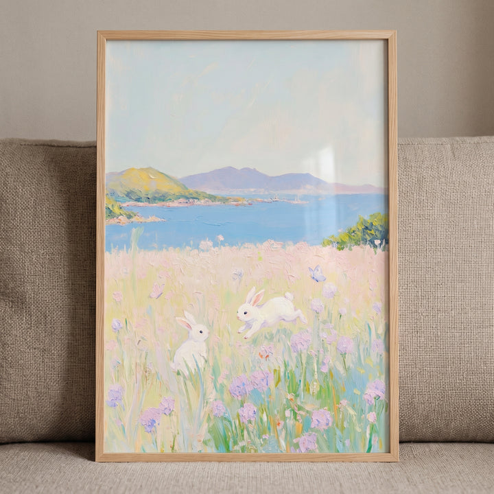Coastal meadow white bunny wall art features two rabbits in a flowered field near a blue sea and distant hills.