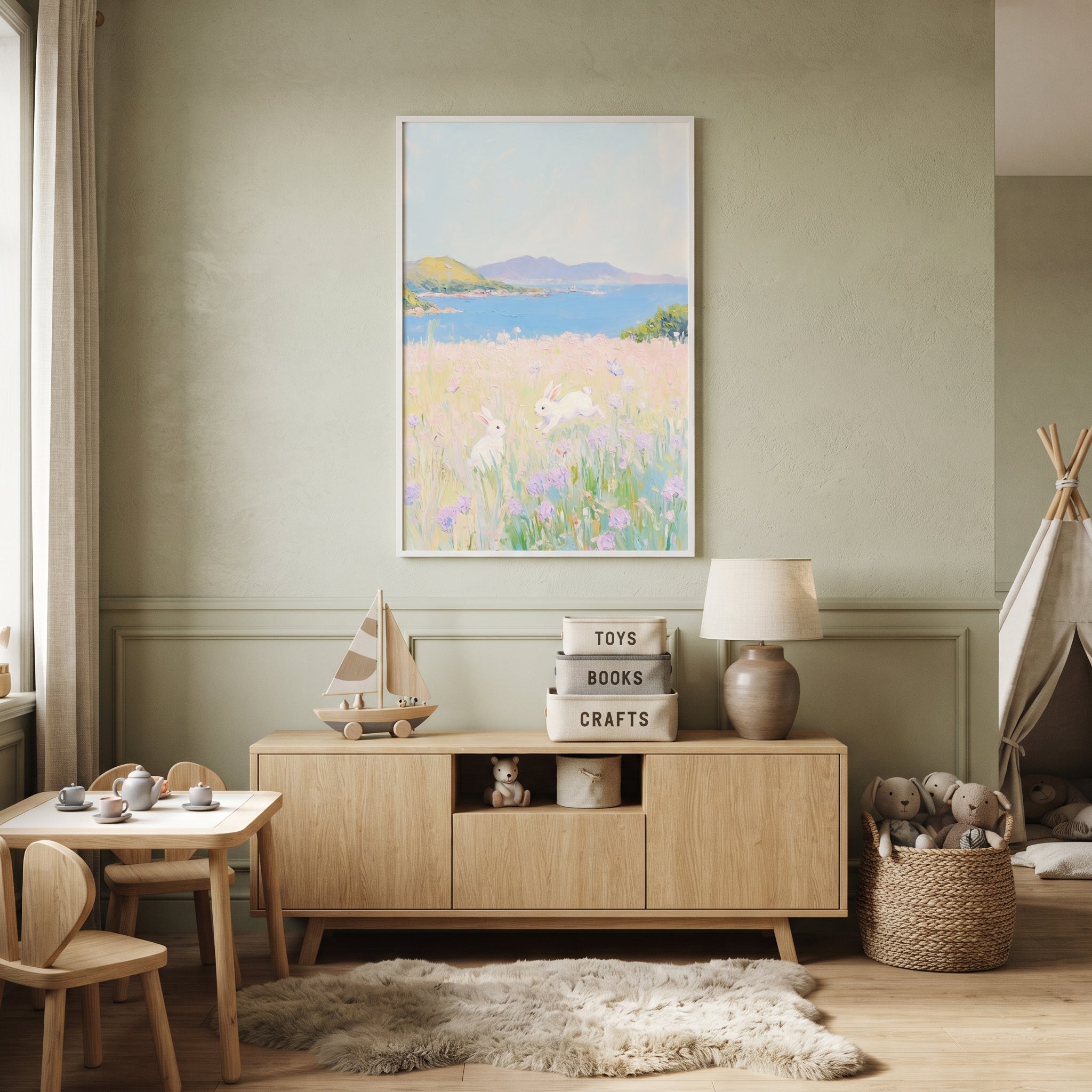Coastal Meadow White Bunny Wall Art - Rabbits In Bloom