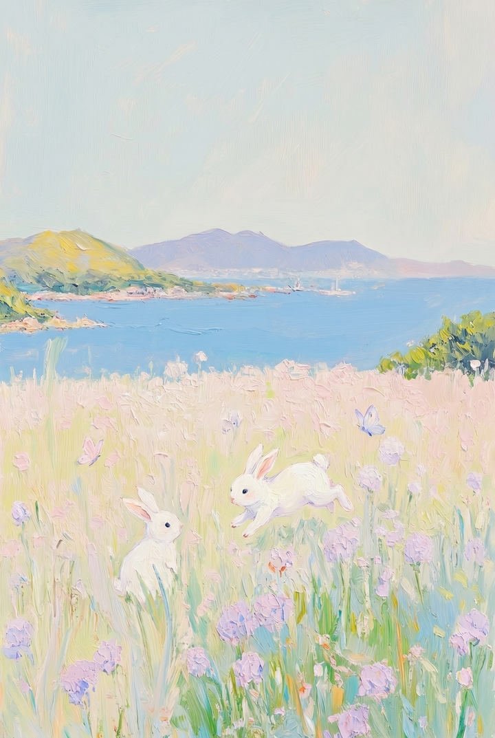 Two white rabbits play in a field of purple flowers by the sea in this coastal meadow white bunny wall art.