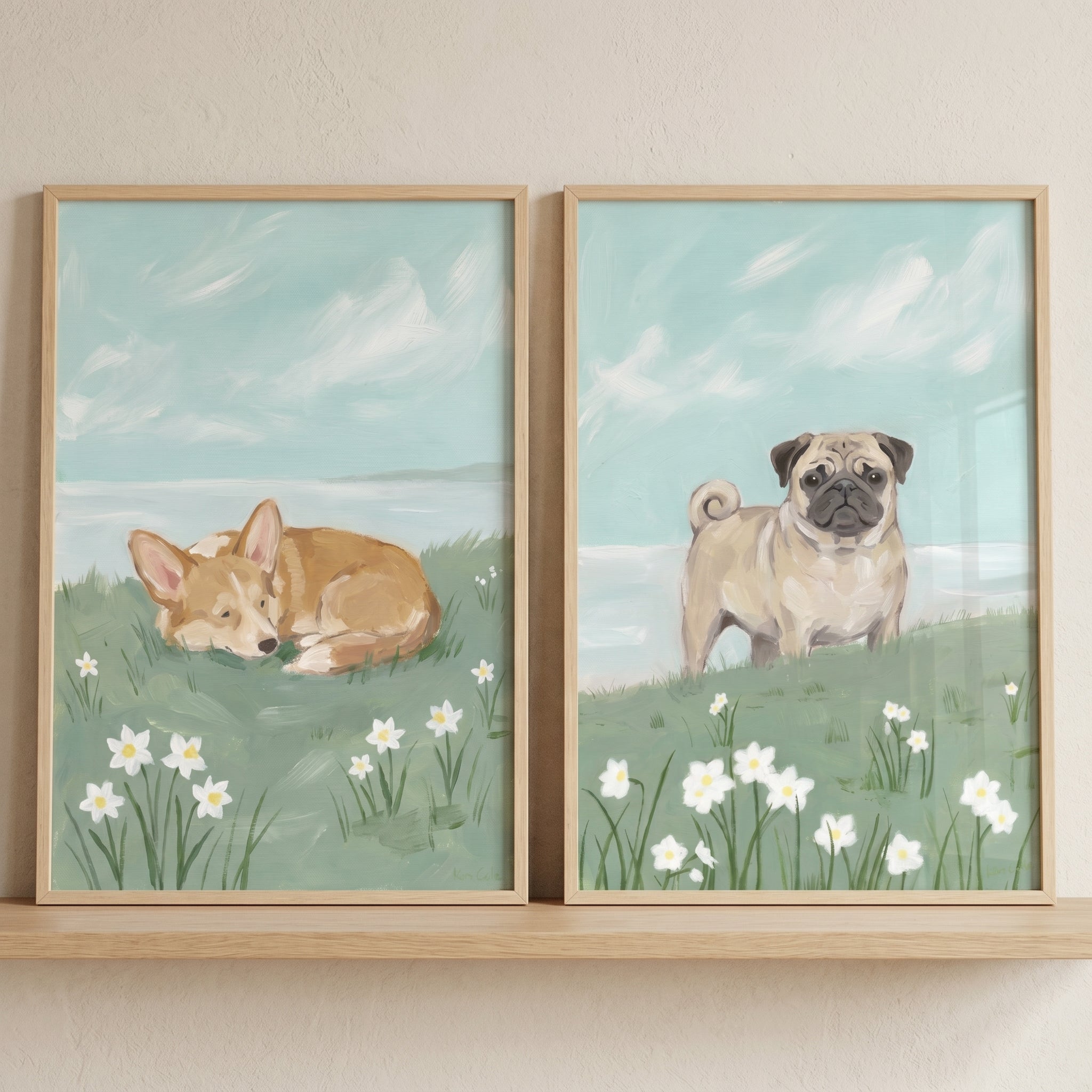 Coastal Narcissus Meadow Dogs Wall Art Set of 2 - Coastal Canine Duo