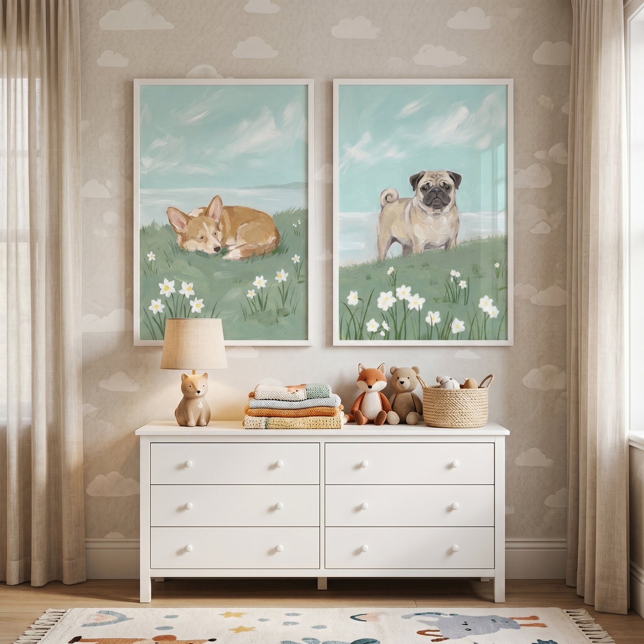 Coastal Narcissus Meadow Dogs Wall Art Set of 2 - Coastal Canine Duo