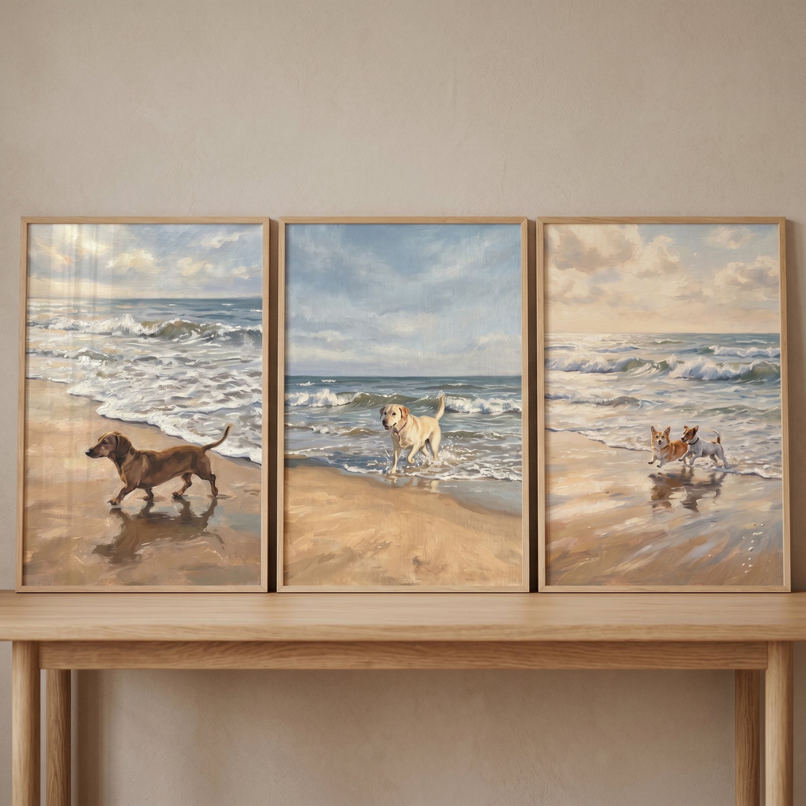 coastal ocean waves dogs wall art set of 3 featuring a dachshund, a labrador, and small dogs playing on a sandy beach.