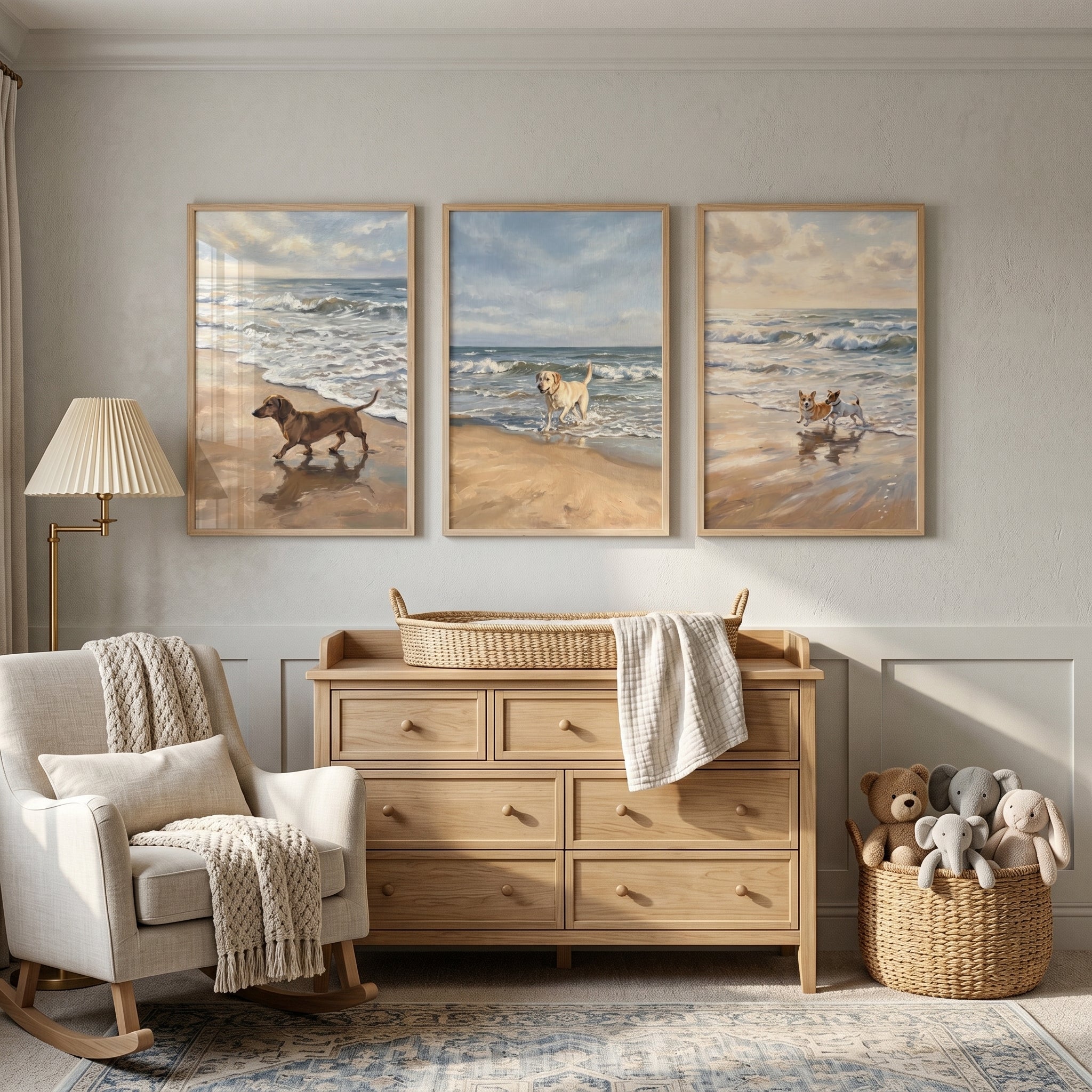 Coastal Ocean Waves Dogs Wall Art Set of 3 - Beach Day Pups