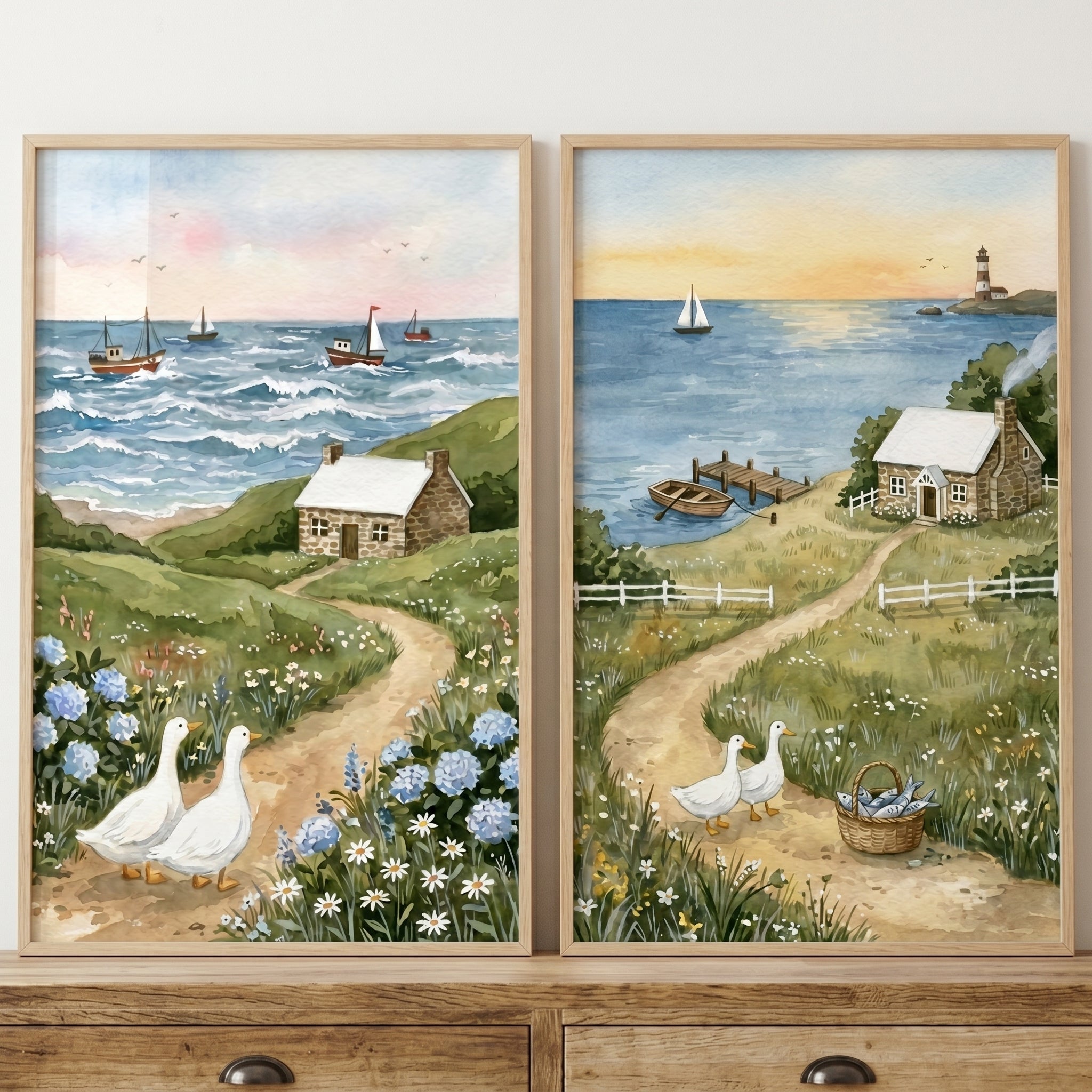 Coastal Path White Duck Wall Art Set of 2 - Coastal Cottage Path