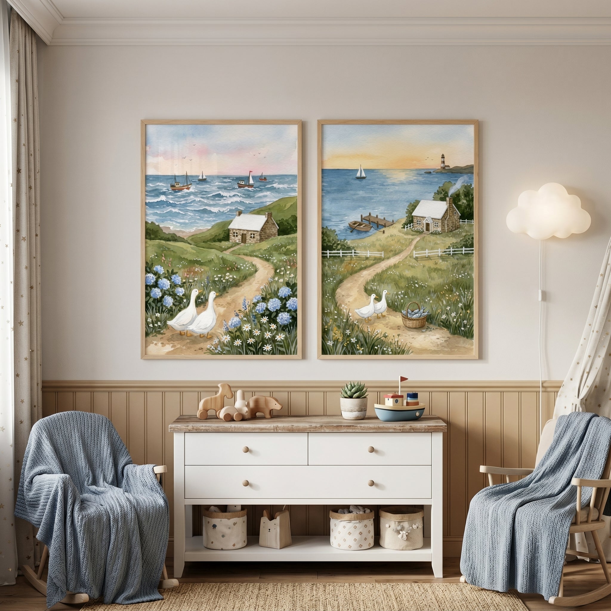 Coastal Path White Duck Wall Art Set of 2 - Coastal Cottage Path