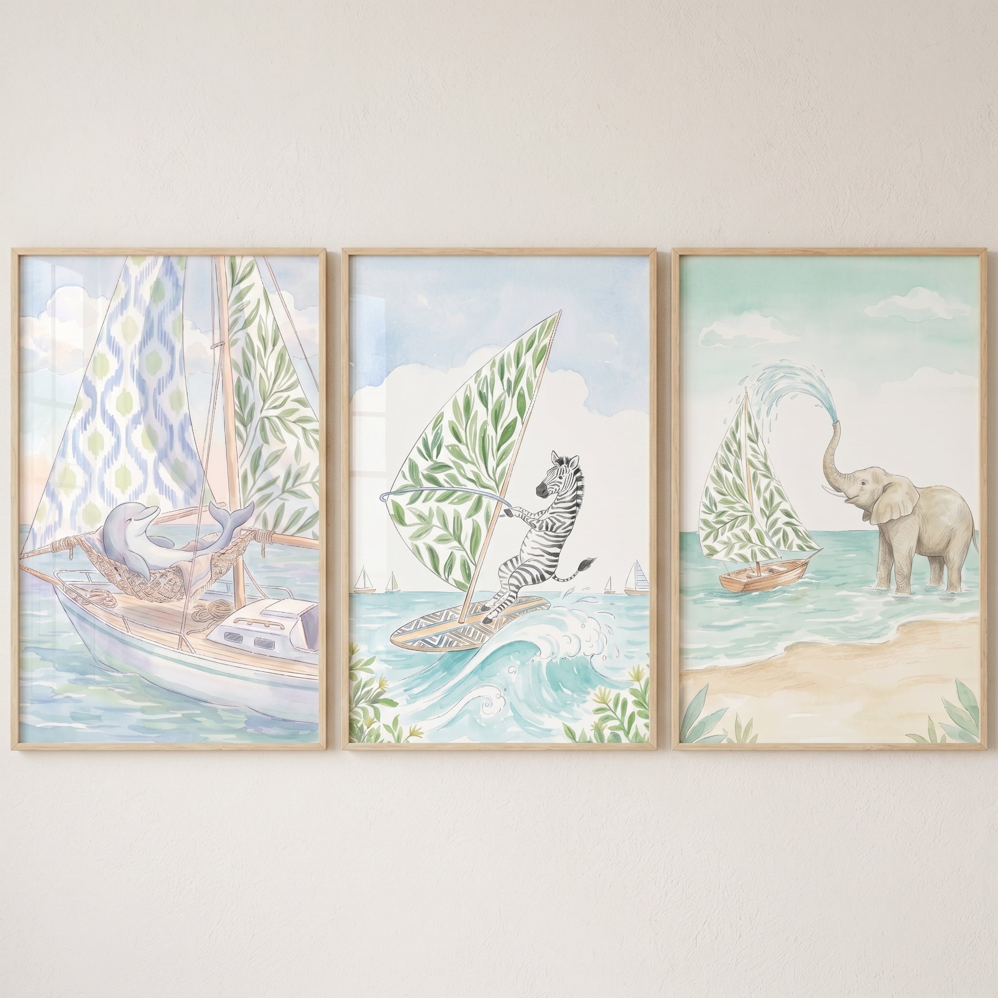 Coastal Safari Animal Wall Art Set of 3 - Whimsical Sea Safari