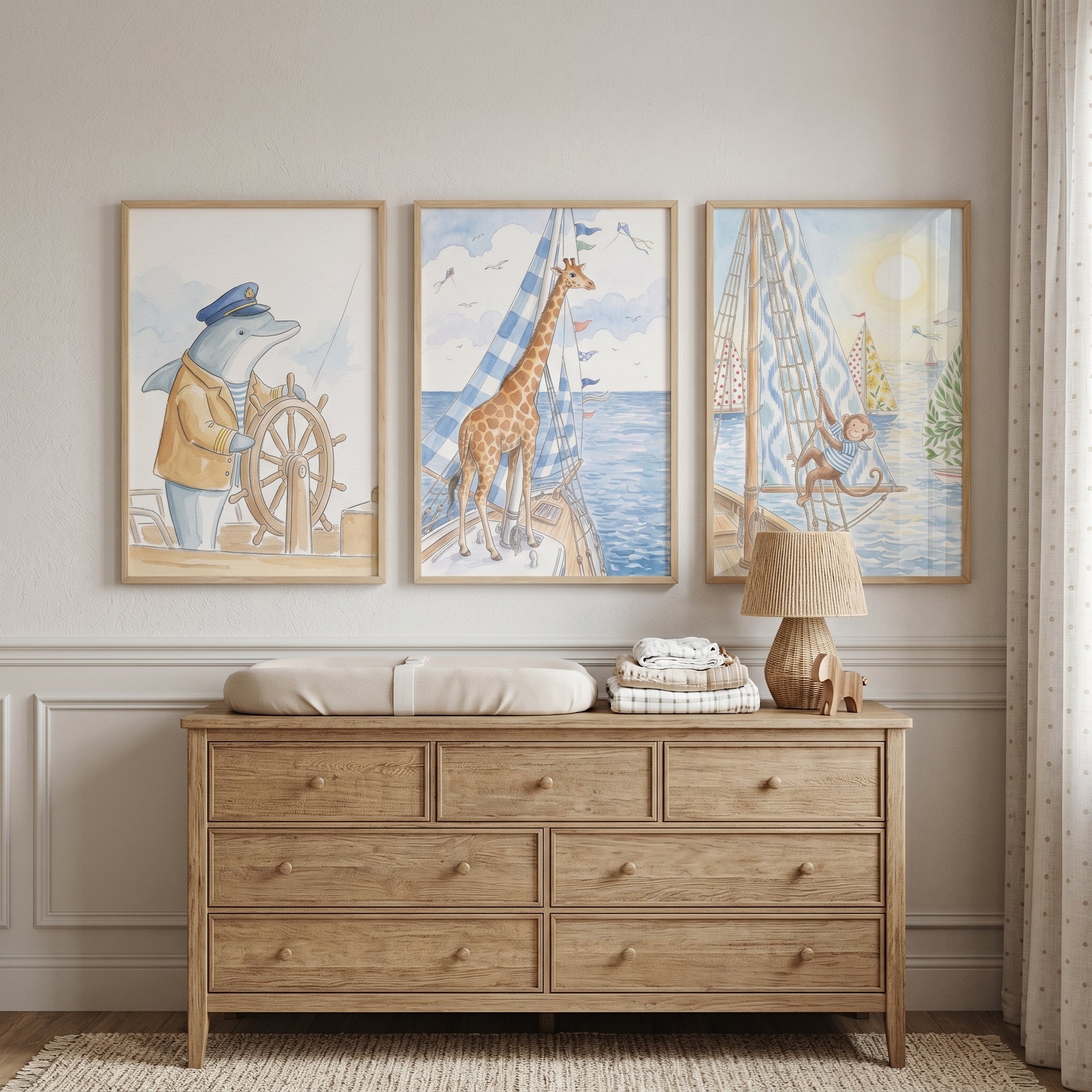 Coastal Sailing Animals Wall Art Set of 3 - Sailing Safari