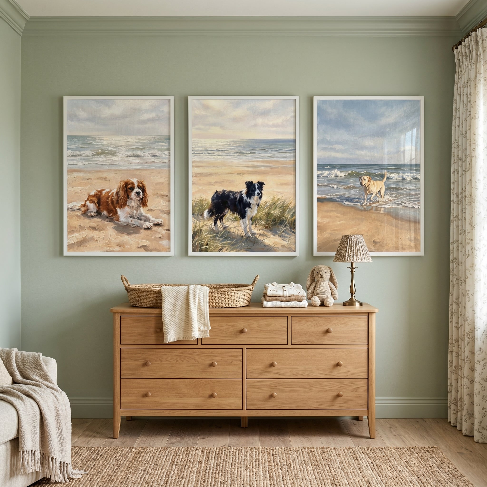 Coastal Sandy Beach Dog Wall Art Set of 3 - Coastal Canine Trio