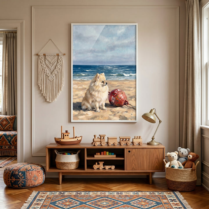 Coastal sandy beach pomeranian dog wall art above a wooden console with toy trains and teddy bears in a warm room.