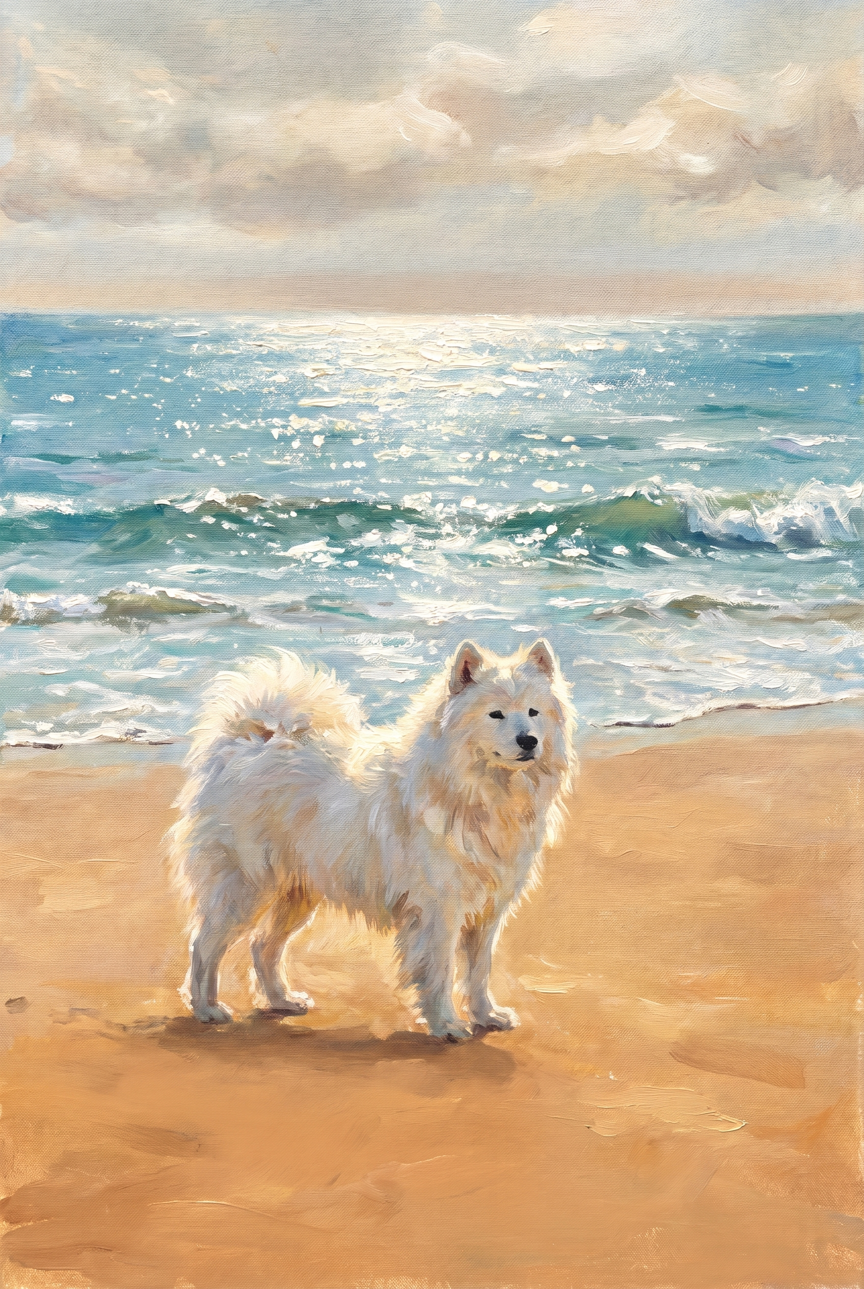 Coastal Sandy Beach Samoyed Dog Wall Art - Sunlit Shore Sentinel