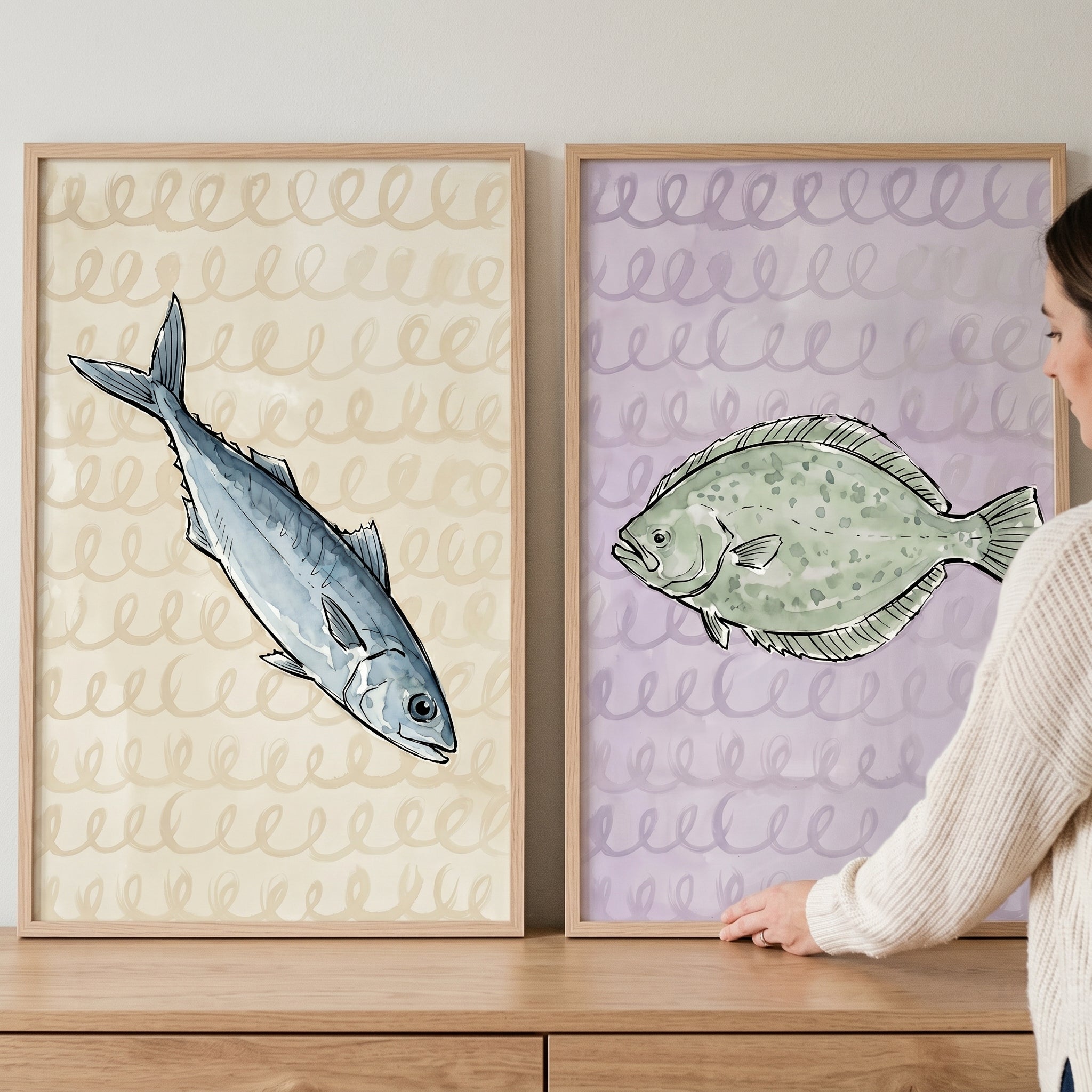Coastal Sketchy Watercolor Fish Wall Art Set of 2 - Coastal Fish Duo