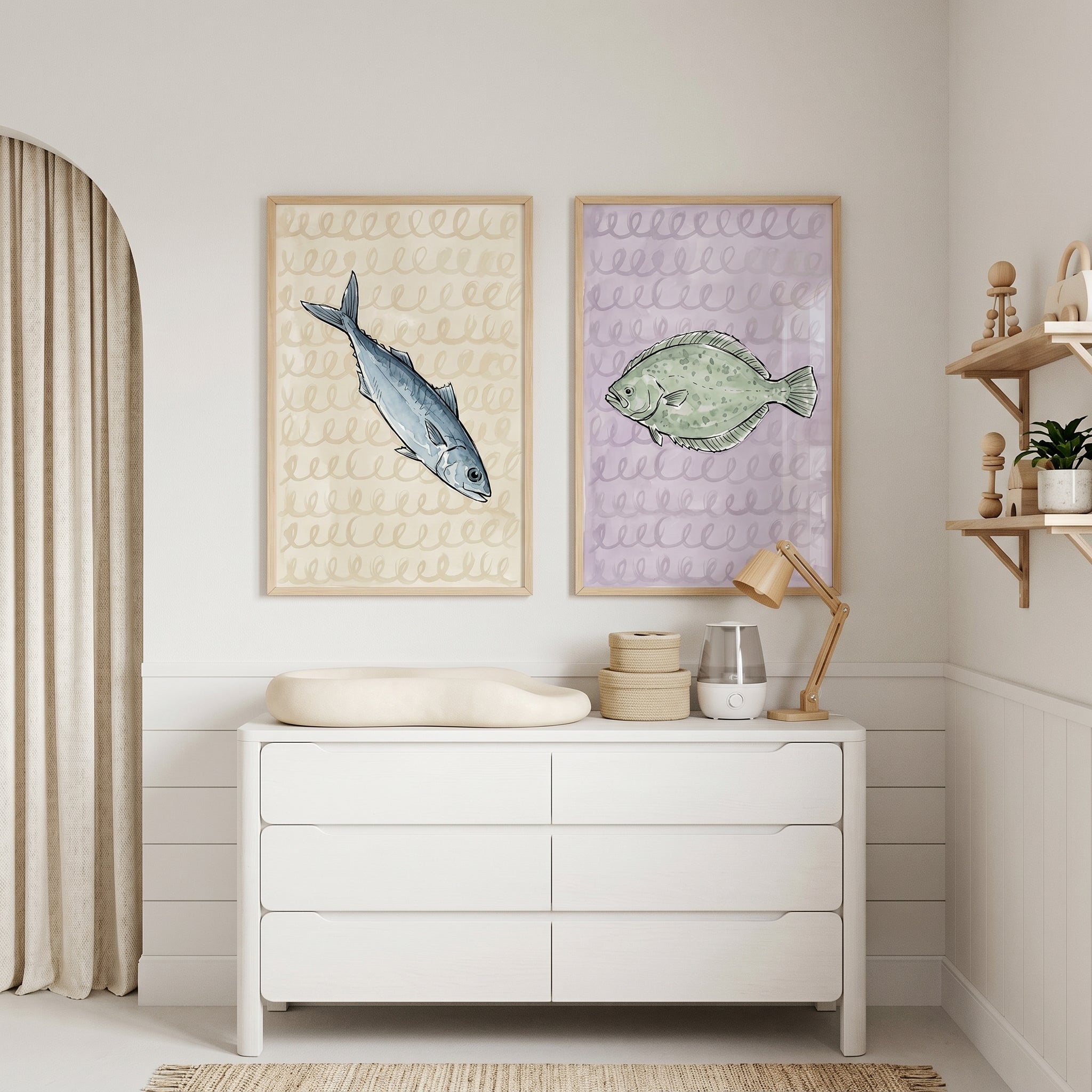 Coastal Sketchy Watercolor Fish Wall Art Set of 2 - Coastal Fish Duo