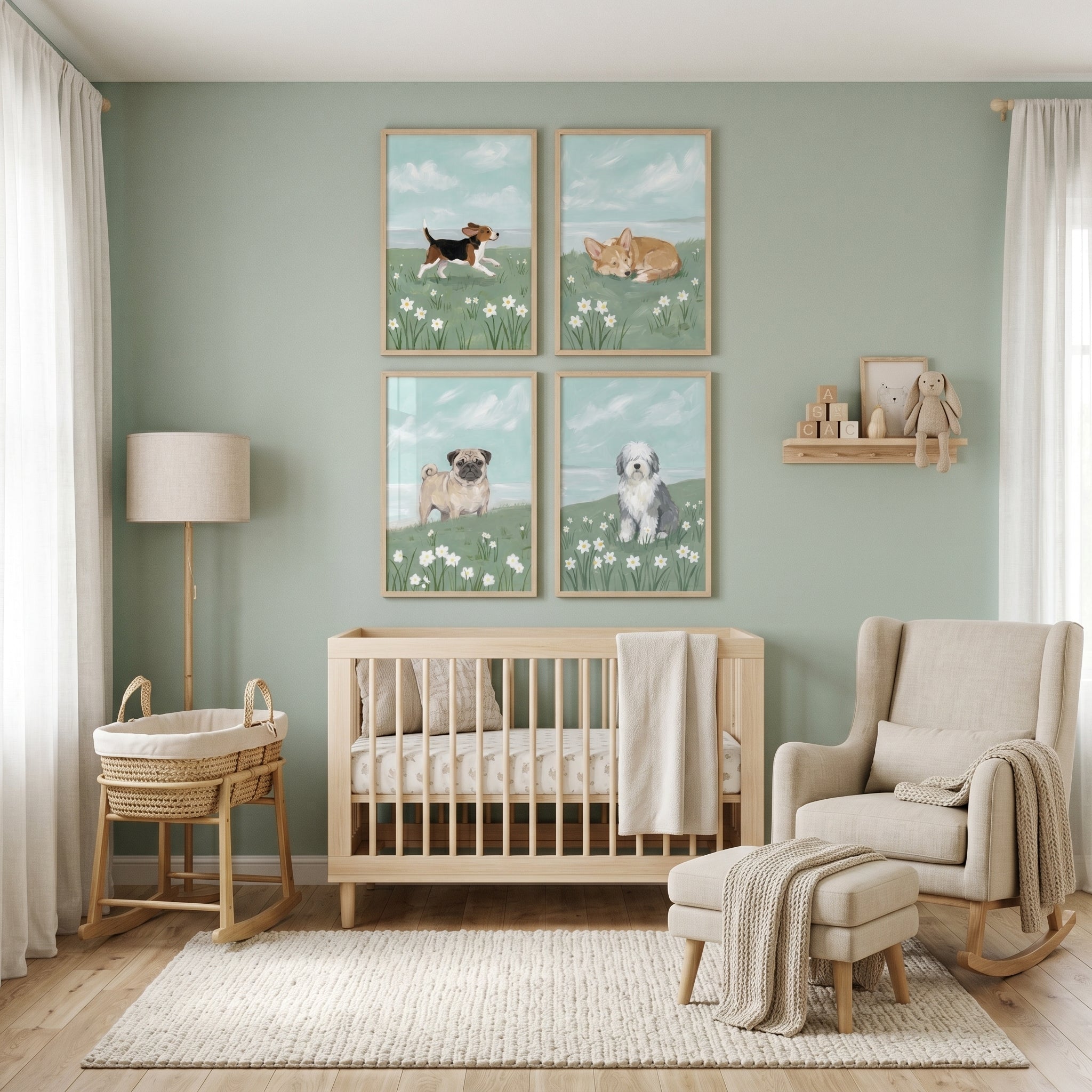 Coastal Spring Floral Dog Wall Art Set of 4 - Meadow Puppy Friends