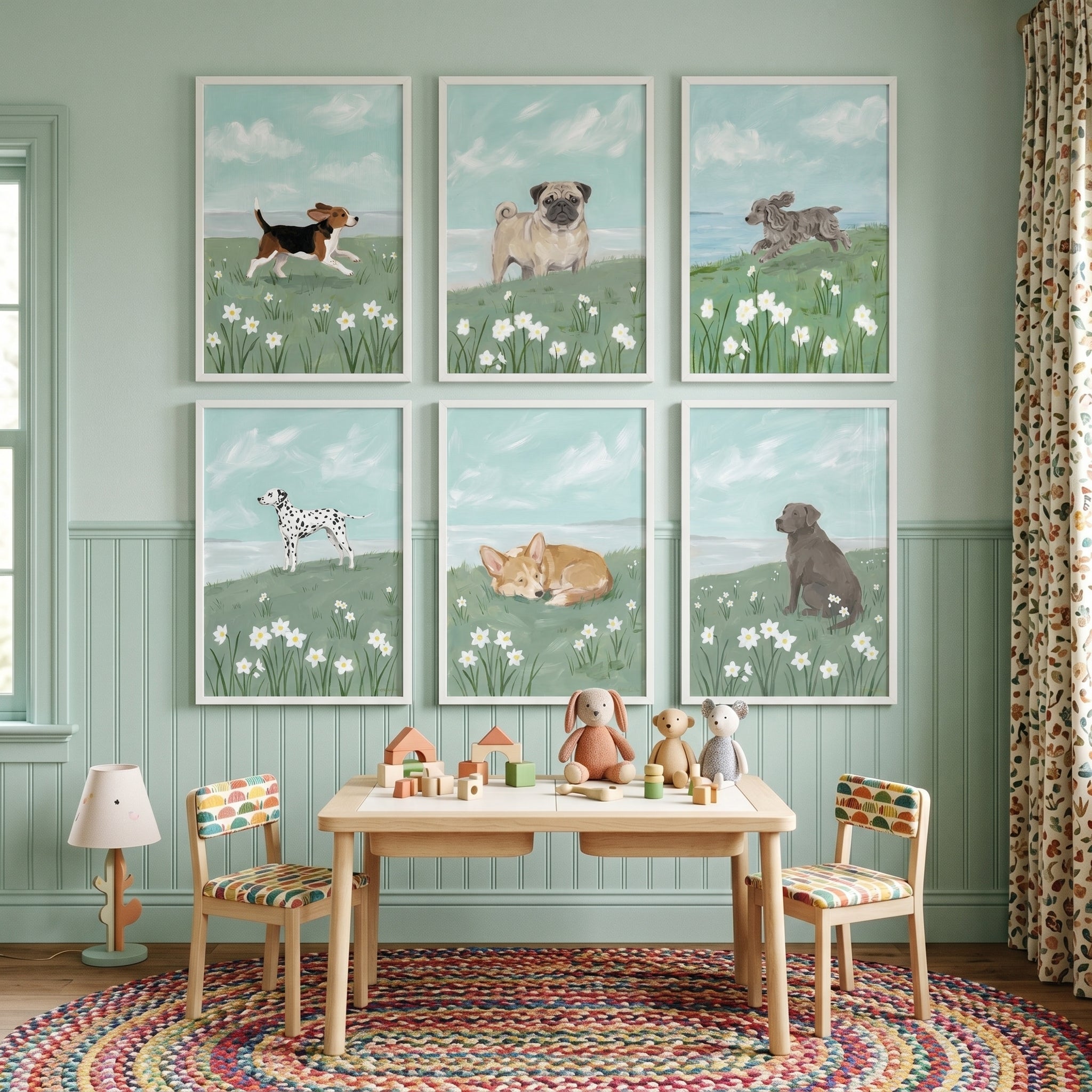Coastal Spring Meadow Dog Wall Art Set of 6 - Spring Meadow Pups